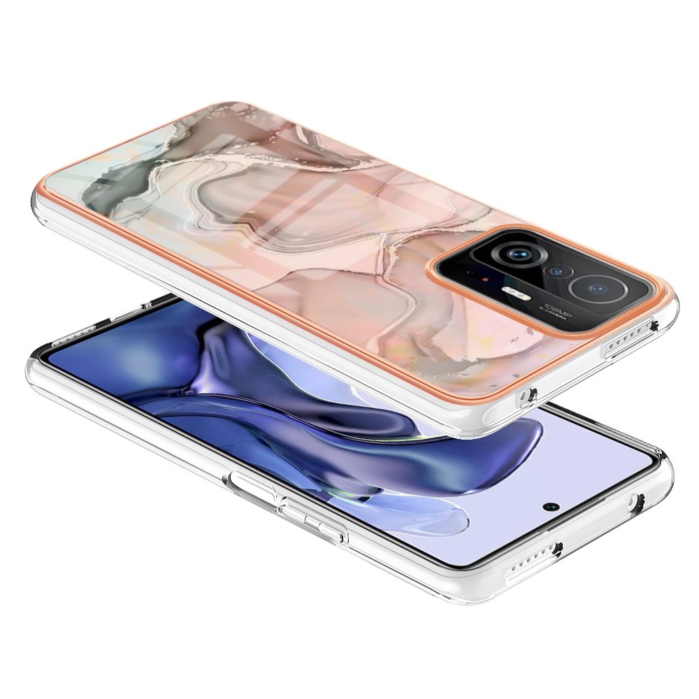 For Xiaomi 11T 5G / 11T Pro 5G YB IMD Series-16 Marble Pattern Protective Phone Case Style E IMD Electroplated Edges 2.0mm TPU Shockproof Flexible Cover - Pink-3