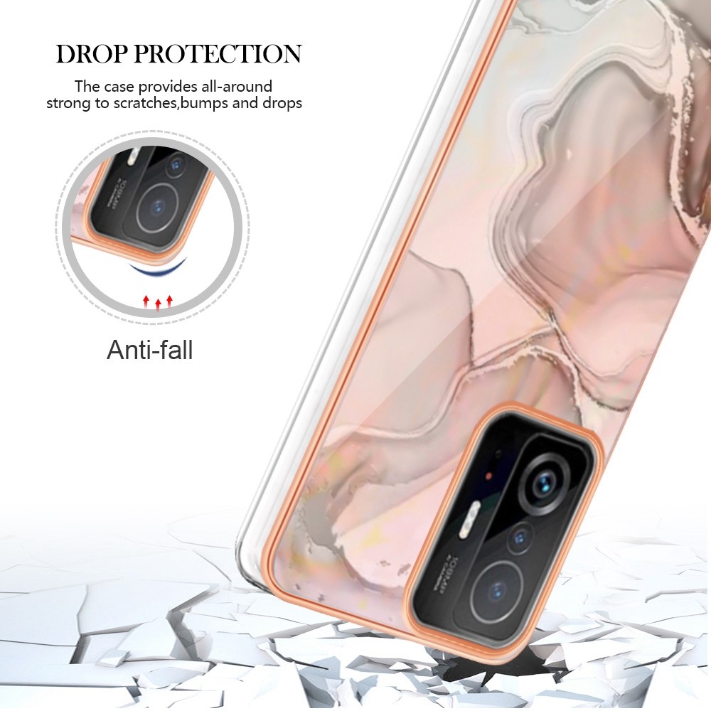 For Xiaomi 11T 5G / 11T Pro 5G YB IMD Series-16 Marble Pattern Protective Phone Case Style E IMD Electroplated Edges 2.0mm TPU Shockproof Flexible Cover - Pink-5