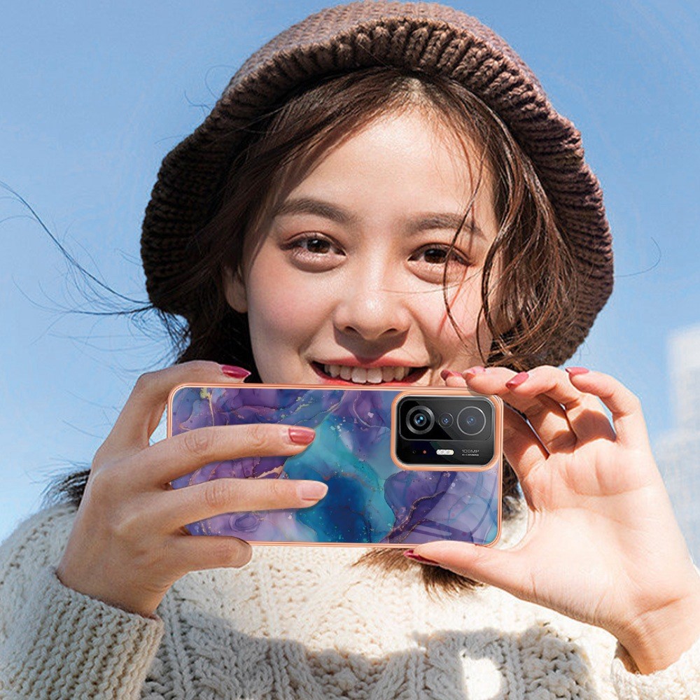 For Xiaomi 11T 5G / 11T Pro 5G YB IMD Series-16 Marble Pattern Protective Phone Case Style E IMD Electroplated Edges 2.0mm TPU Shockproof Flexible Cover - Pink-9