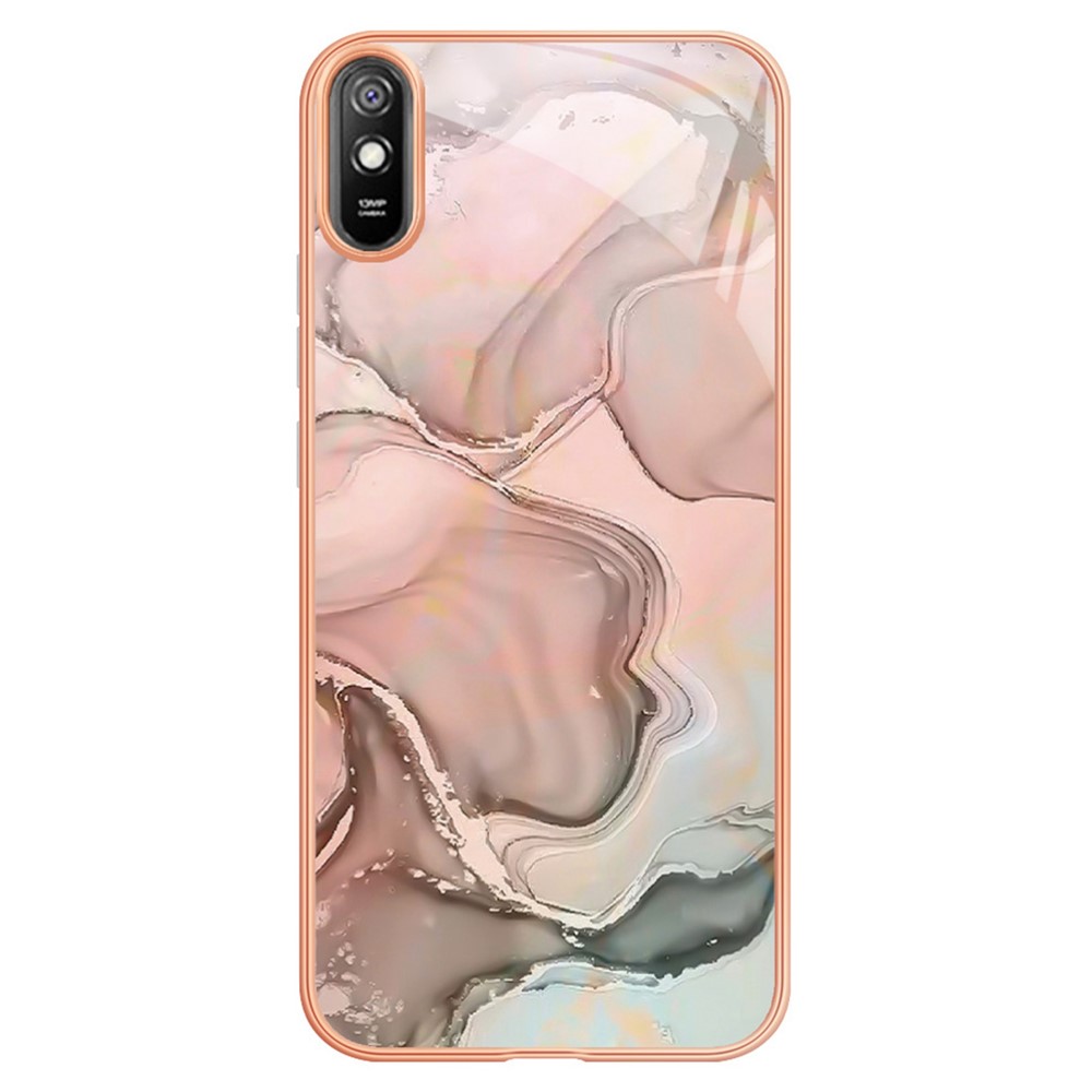 YB IMD Series-16 Marble Pattern Phone Case for Xiaomi Redmi 9A, Style E IMD Electroplated Frame 2.0mm TPU Drop Protection Back Cover - Pink-1