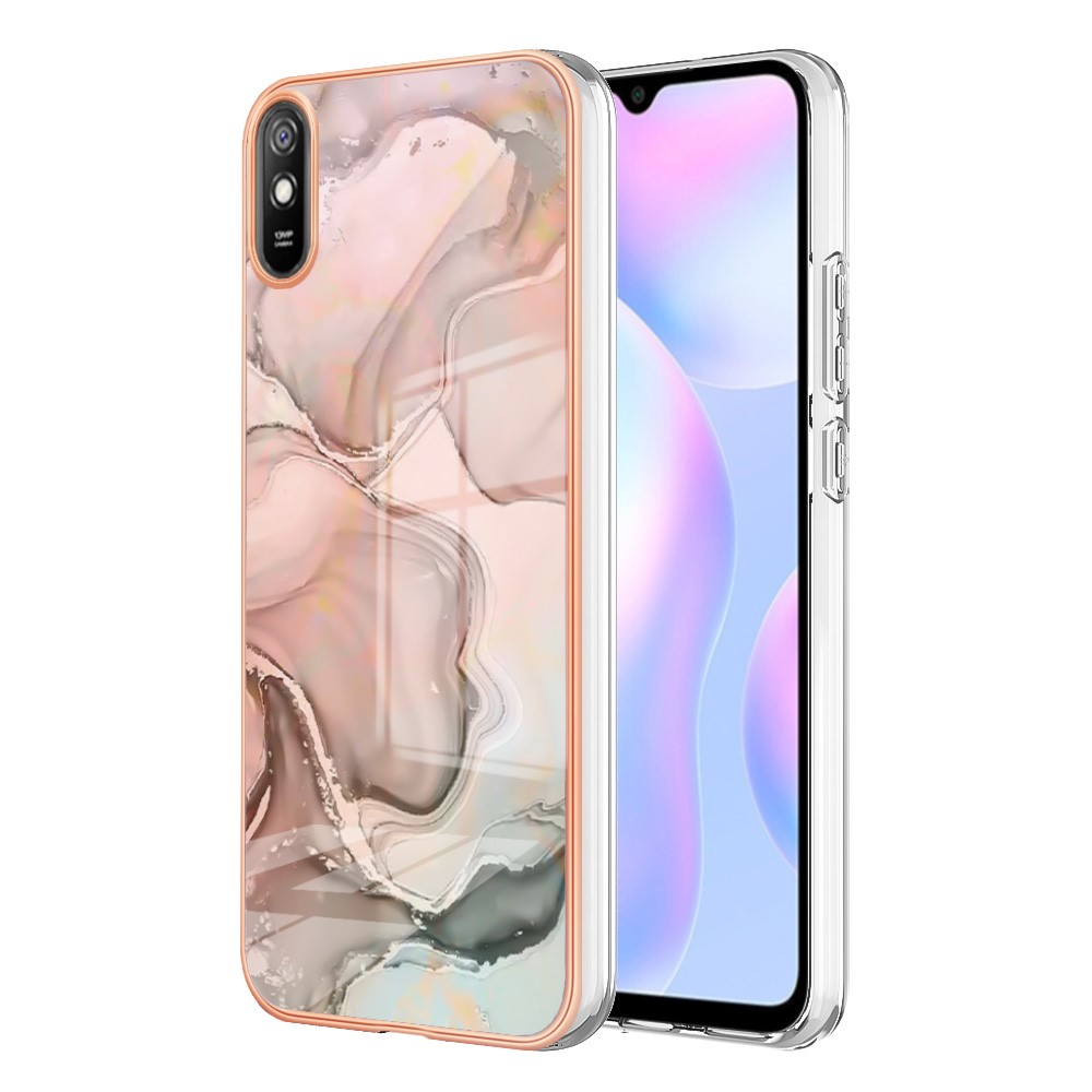 YB IMD Series-16 Marble Pattern Phone Case for Xiaomi Redmi 9A, Style E IMD Electroplated Frame 2.0mm TPU Drop Protection Back Cover - Pink-2