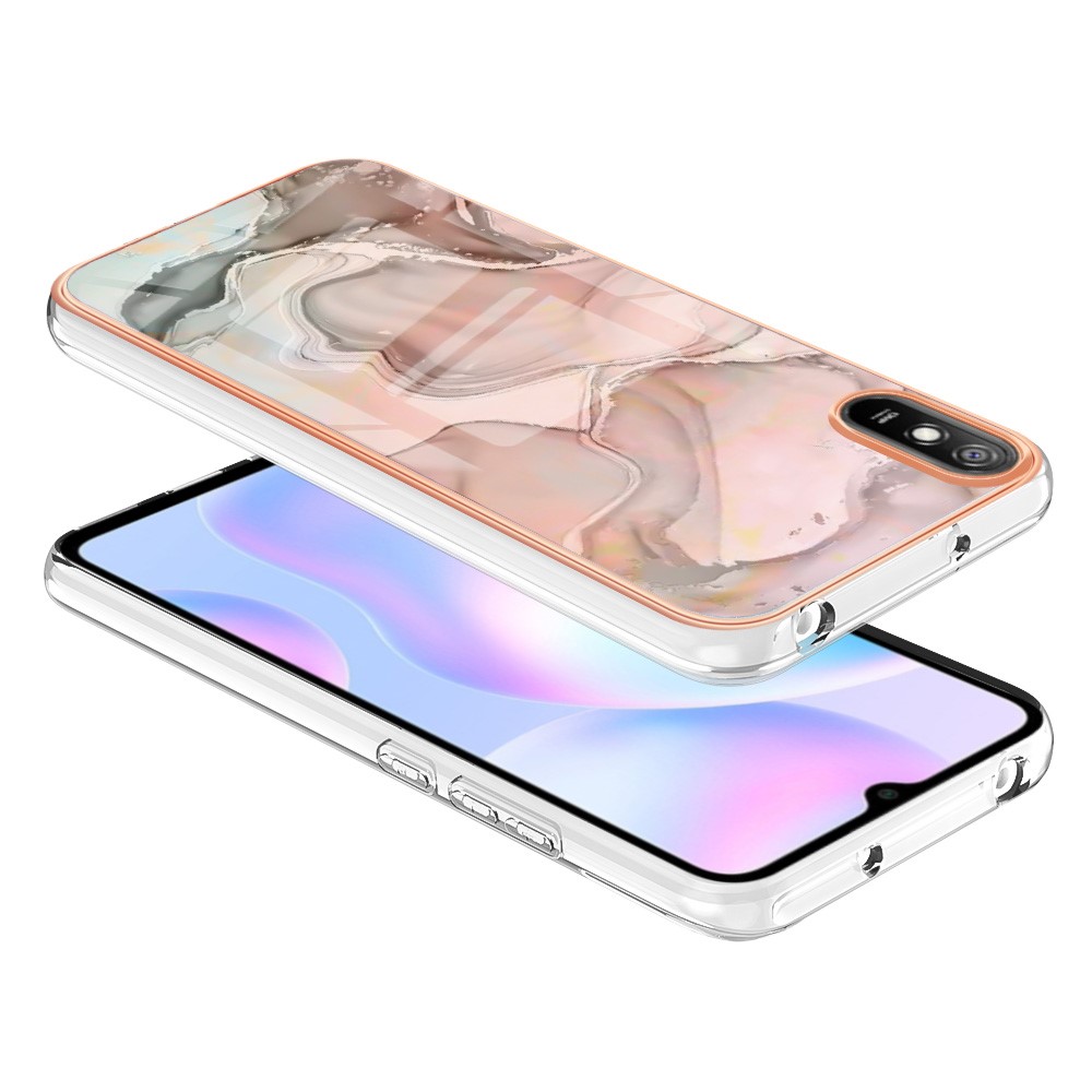 YB IMD Series-16 Marble Pattern Phone Case for Xiaomi Redmi 9A, Style E IMD Electroplated Frame 2.0mm TPU Drop Protection Back Cover - Pink-3