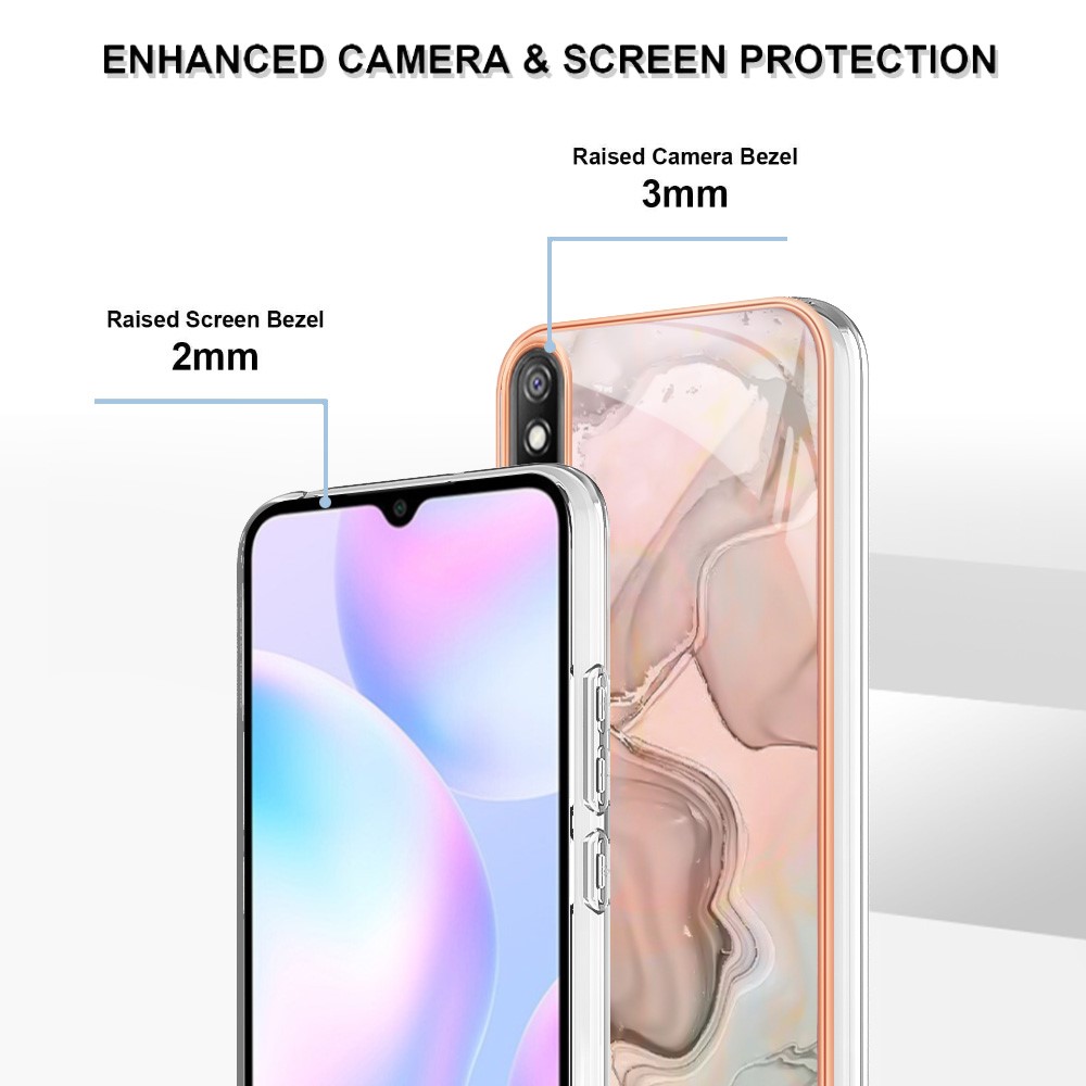 YB IMD Series-16 Marble Pattern Phone Case for Xiaomi Redmi 9A, Style E IMD Electroplated Frame 2.0mm TPU Drop Protection Back Cover - Pink-4