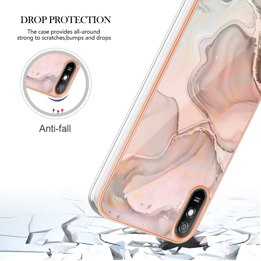 YB IMD Series-16 Marble Pattern Phone Case for Xiaomi Redmi 9A, Style E IMD Electroplated Frame 2.0mm TPU Drop Protection Back Cover - Pink-5