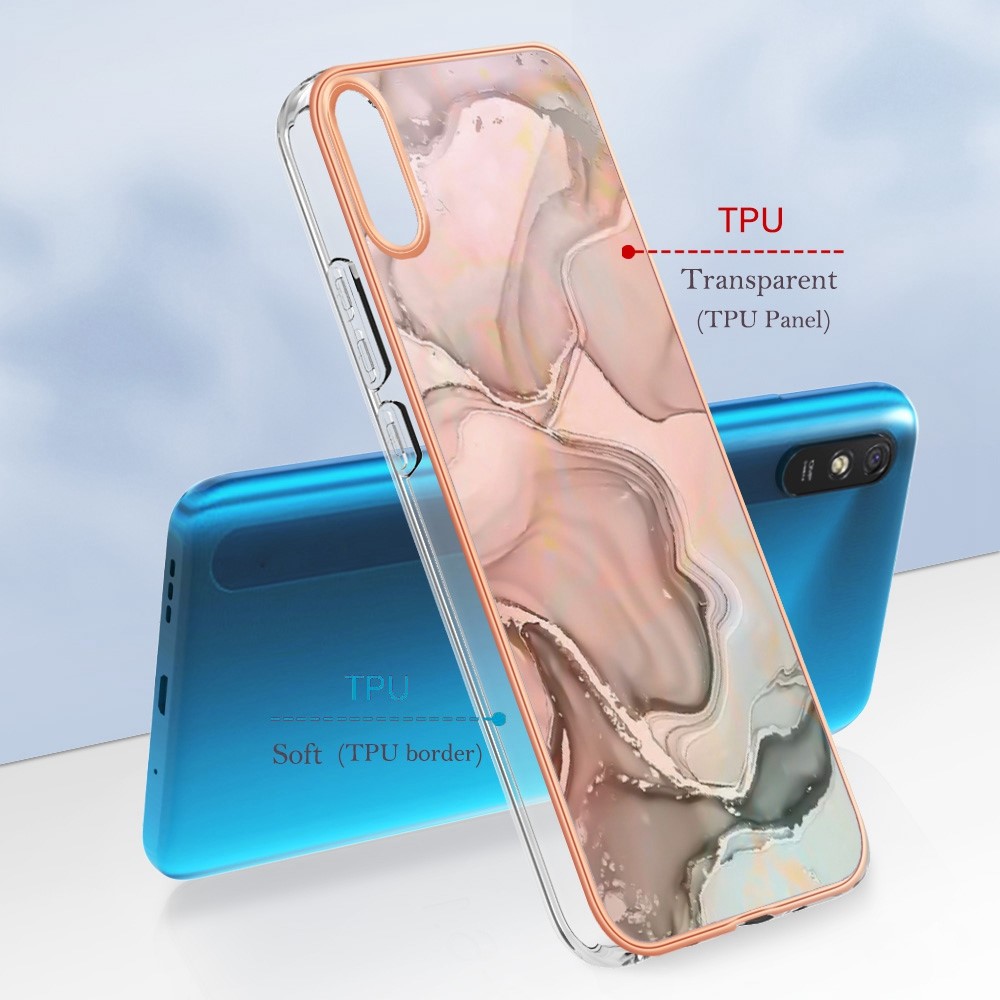 YB IMD Series-16 Marble Pattern Phone Case for Xiaomi Redmi 9A, Style E IMD Electroplated Frame 2.0mm TPU Drop Protection Back Cover - Pink-6