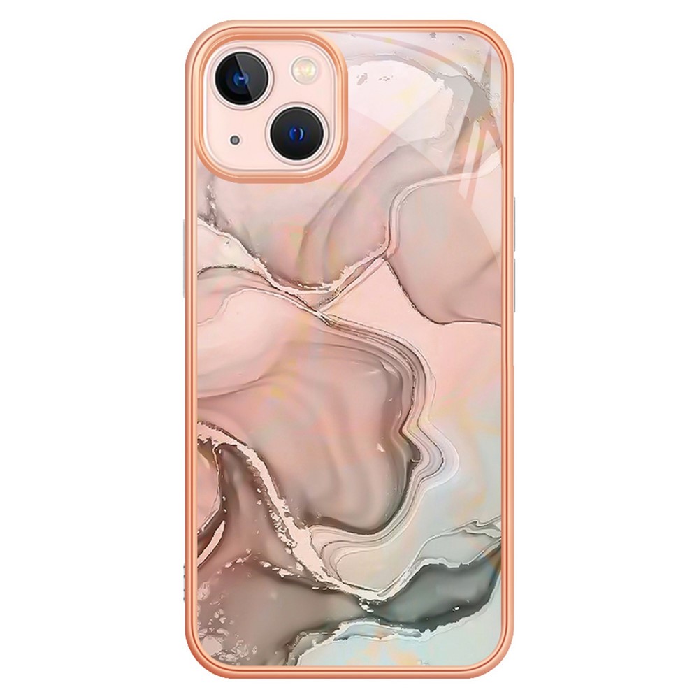 YB IMD Series-16 for iPhone 13 mini 5.4 inch Style E Marble Pattern IMD Phone Case Electroplating Frame 2.0mm Protective TPU Back Cover - Pink