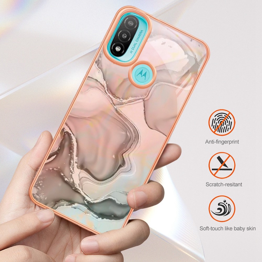 YB IMD Series-16 for Motorola Moto E20 / E30 / E40 Style E Marble Pattern IMD Phone Case Electroplating Frame 2.0mm TPU Anti-Scratch Shockproof Cover - Pink-7