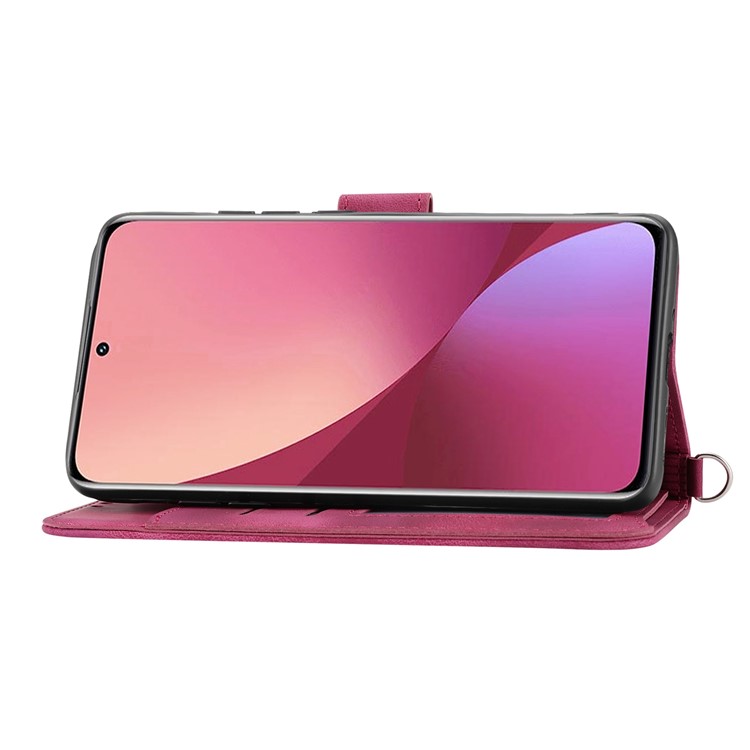 Pour Xiaomi Redmi Note 12 Pro 5G Portefeuille Couverture Téléphone Skin-touch Fleurs Imprimées Case de Cuir Avec Sangle et Bracelet à Épaule - Vin Rouge-2