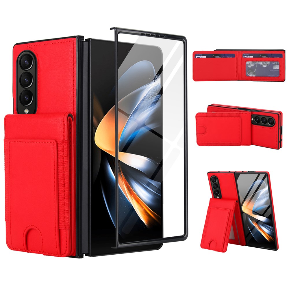 For Samsung Galaxy Z Fold3 5G Case Card Bag Kickstand Leather + PC Phone Cover with HD Screen Protector - Red