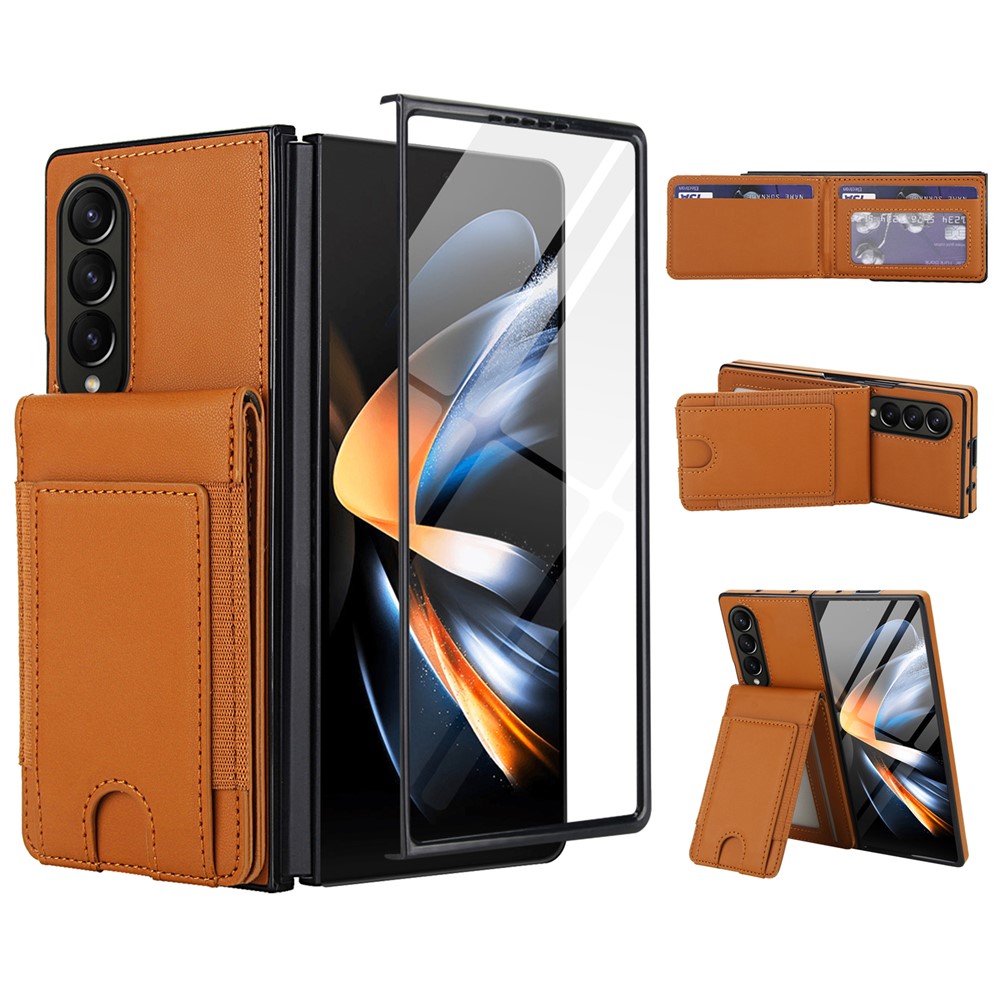 For Samsung Galaxy Z Fold3 5G Case Card Bag Kickstand Leather + PC Phone Cover with HD Screen Protector - Brown