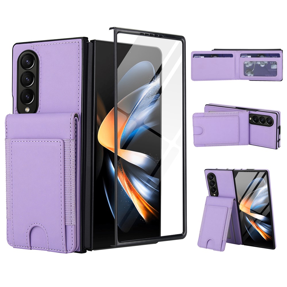 For Samsung Galaxy Z Fold3 5G Case Card Bag Kickstand Leather + PC Phone Cover with HD Screen Protector - Light Purple