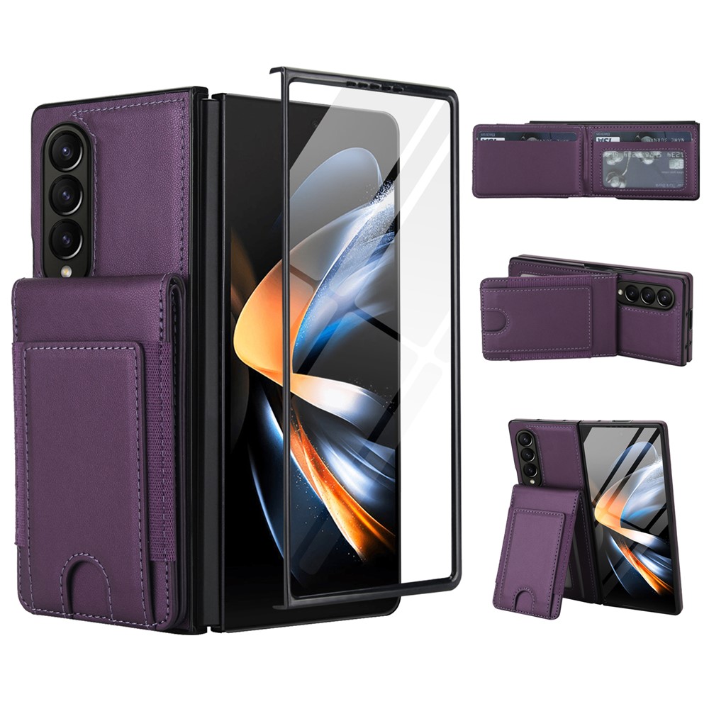 For Samsung Galaxy Z Fold3 5G Case Card Bag Kickstand Leather + PC Phone Cover with HD Screen Protector - Dark Purple
