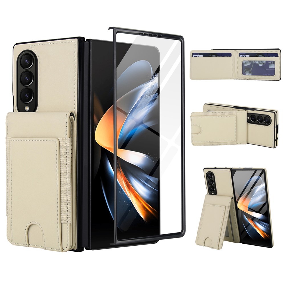 For Samsung Galaxy Z Fold3 5G Case Card Bag Kickstand Leather + PC Phone Cover with HD Screen Protector - White