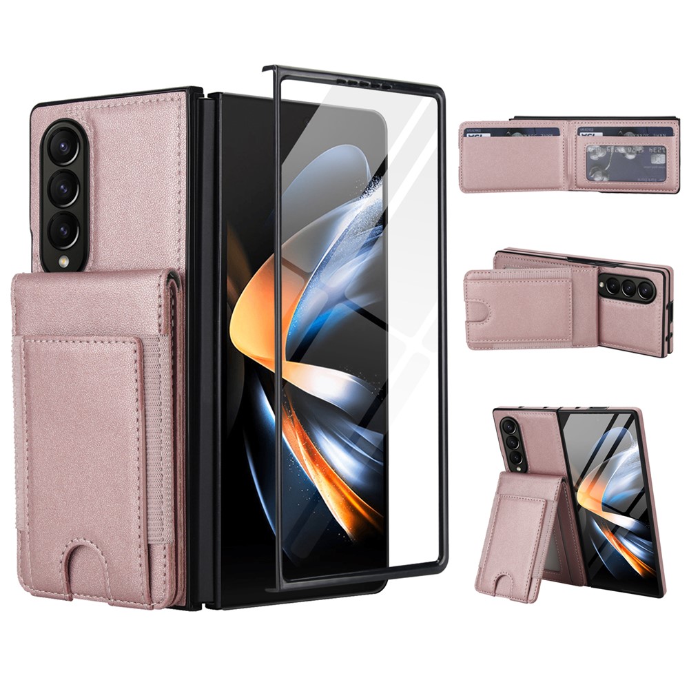 For Samsung Galaxy Z Fold4 5G Case Card Bag Kickstand Leather + PC Phone Cover with HD Screen Protector - Rose Gold