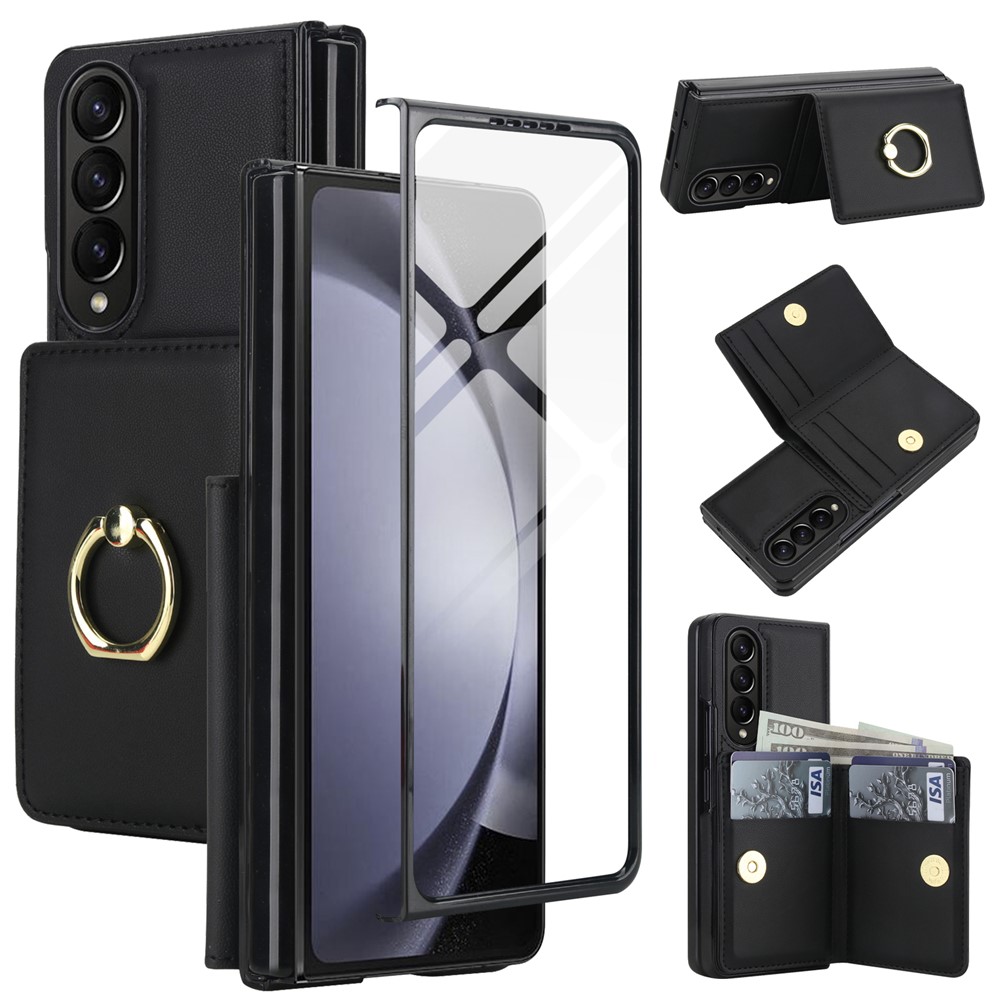 For Samsung Galaxy Z Fold3 5G Wallet Case Ring Holder PC PU Flip Phone Cover with HD Screen Protector - Black