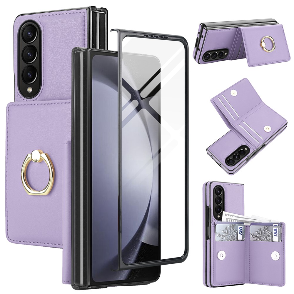For Samsung Galaxy Z Fold3 5G Wallet Case Ring Holder PC PU Flip Phone Cover with HD Screen Protector - Light Purple