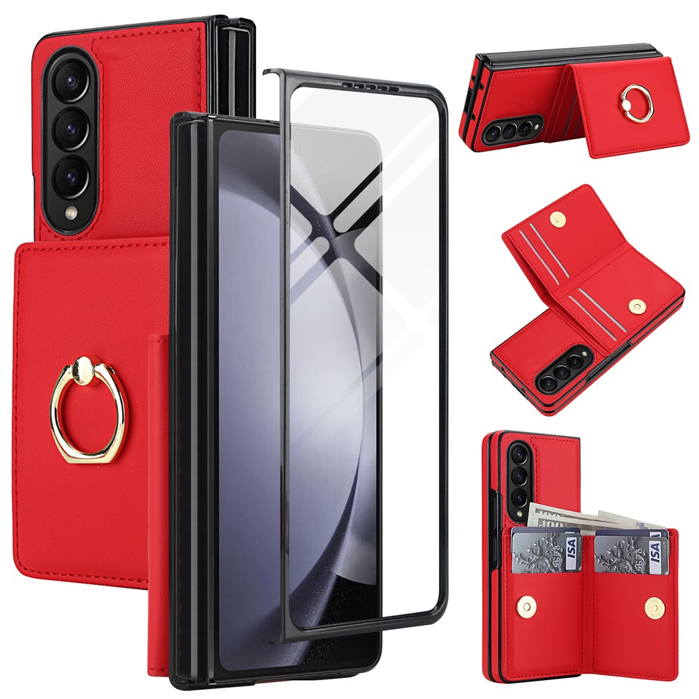 For Samsung Galaxy Z Fold3 5G Wallet Case Ring Holder PC PU Flip Phone Cover with HD Screen Protector - Red