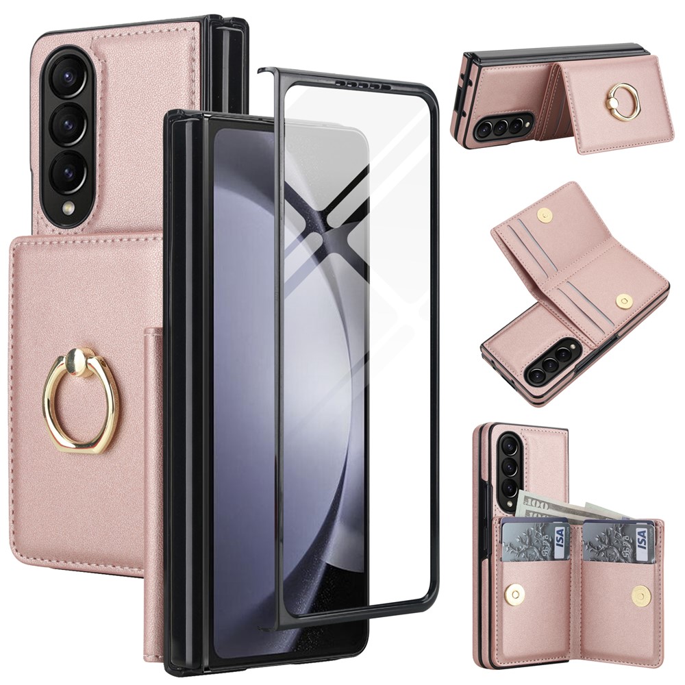 For Samsung Galaxy Z Fold3 5G Wallet Case Ring Holder PC PU Flip Phone Cover with HD Screen Protector - Rose Gold