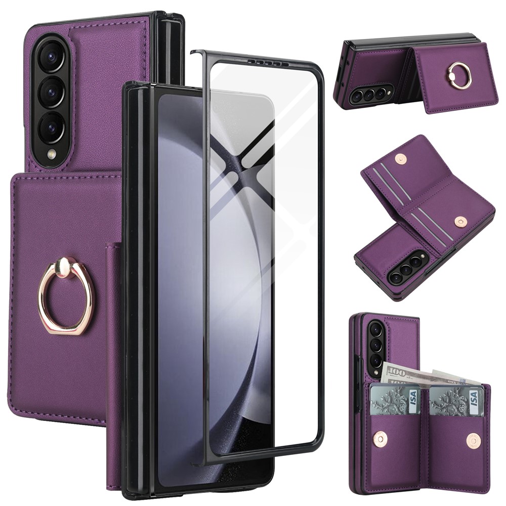For Samsung Galaxy Z Fold3 5G Wallet Case Ring Holder PC PU Flip Phone Cover with HD Screen Protector - Dark Purple