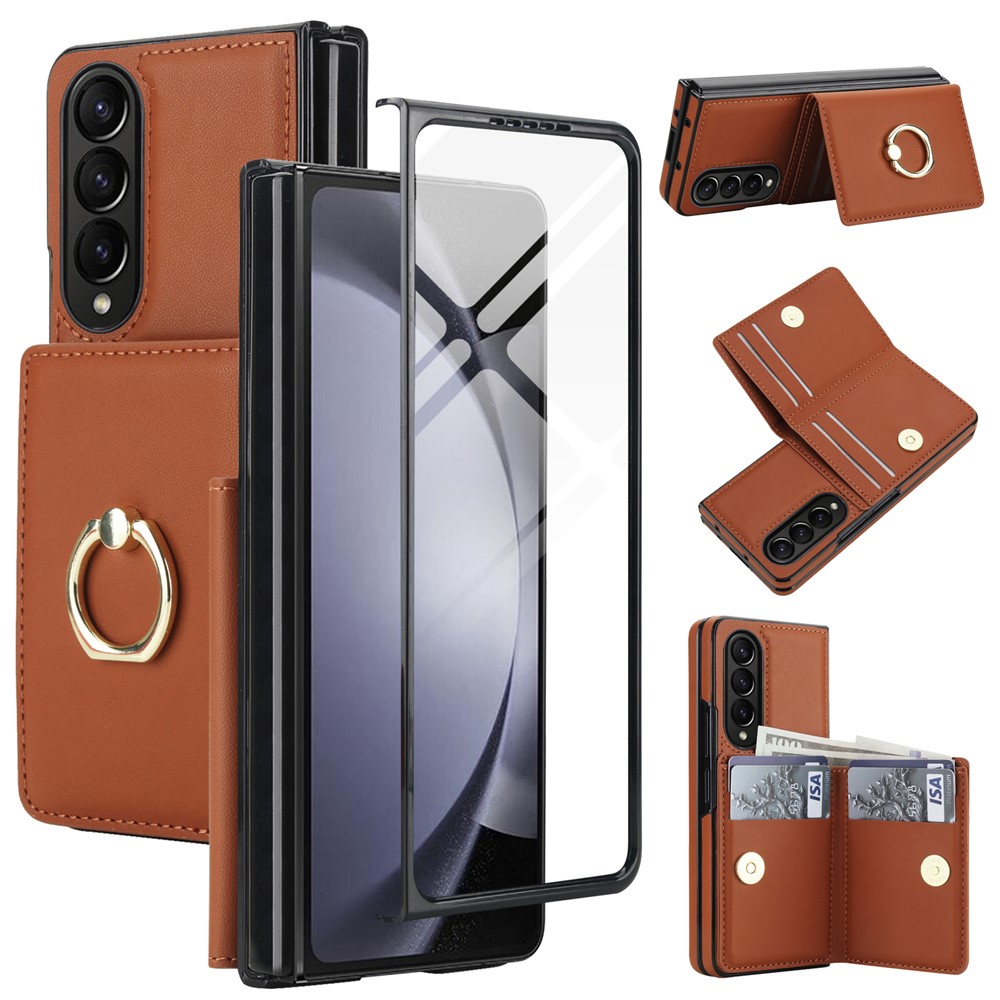 For Samsung Galaxy Z Fold4 5G Wallet Case Ring Holder PC PU Flip Phone Cover with HD Screen Protector - Brown