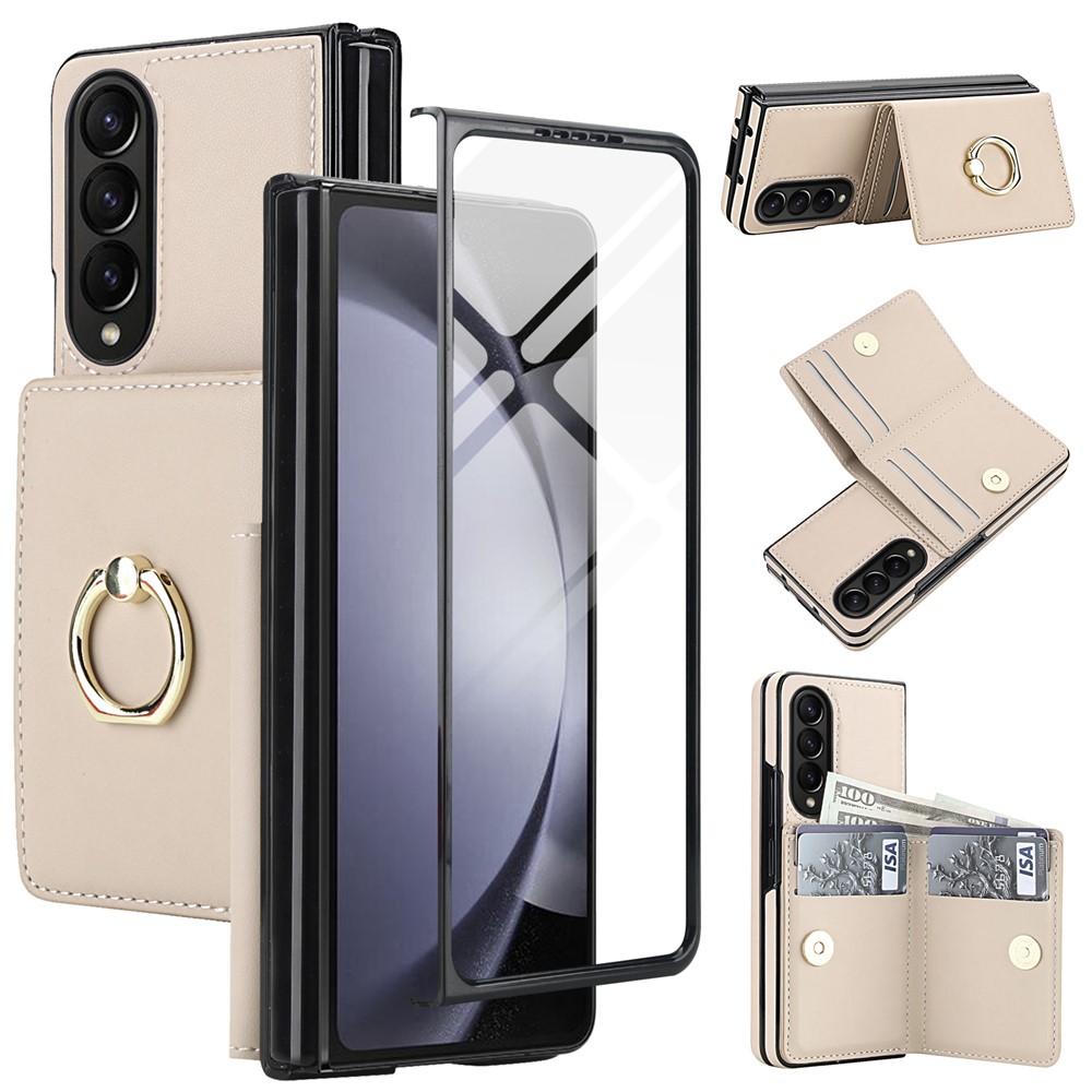 For Samsung Galaxy Z Fold4 5G Wallet Case Ring Holder PC PU Flip Phone Cover with HD Screen Protector - Apricot