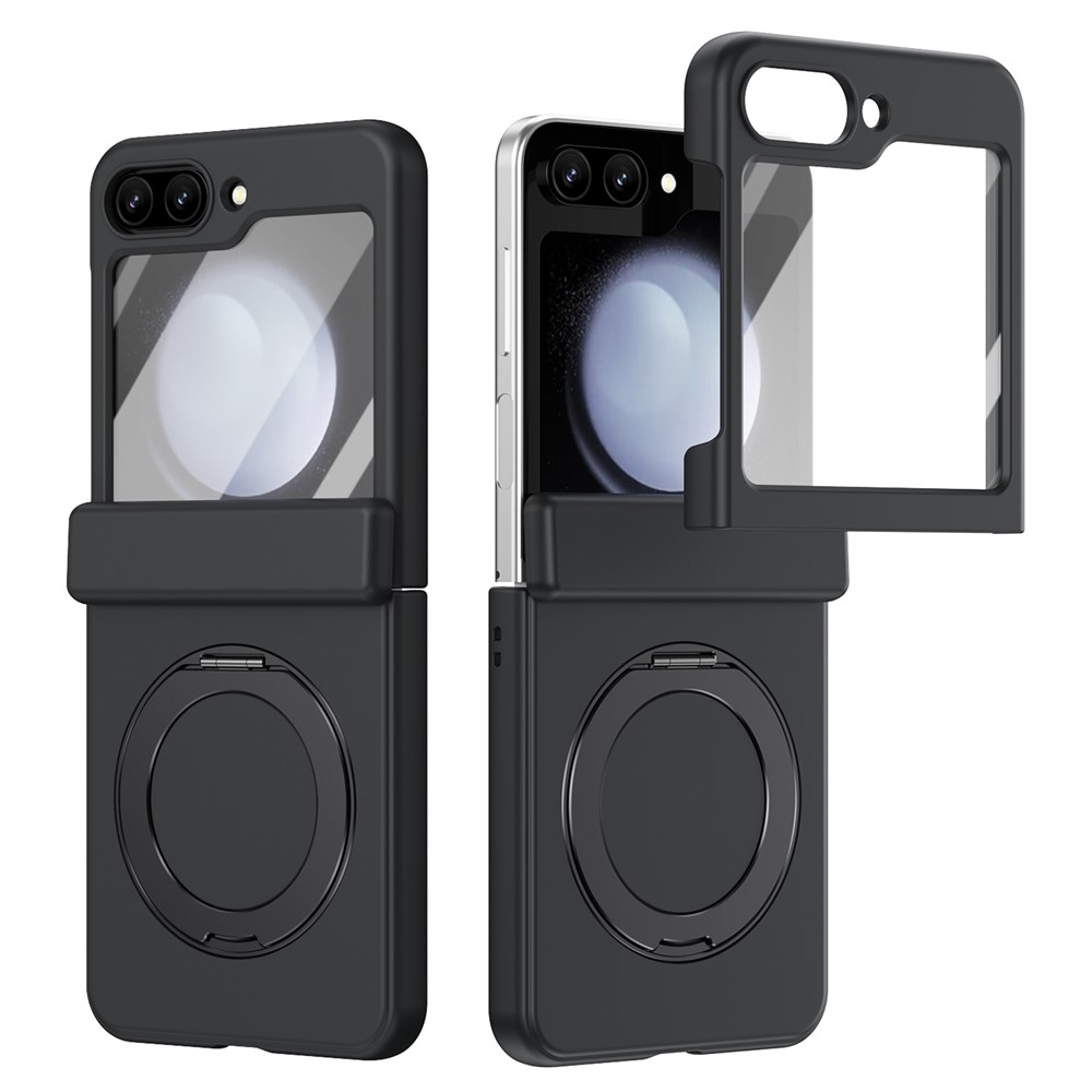 For Samsung Galaxy Z Flip5 5G Foldrable Case 360° Rotating Alloy Kickstand Hinge Protection Shockproof Cover with Glass Film - Black