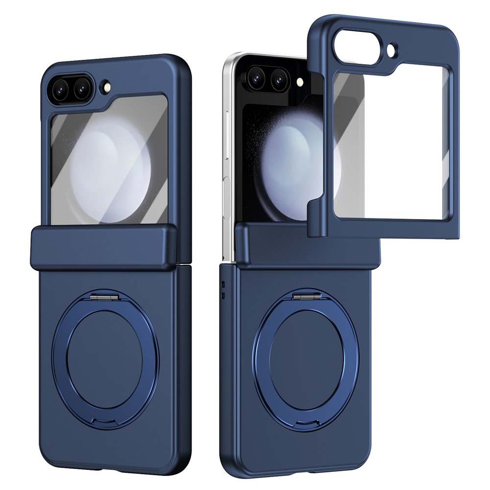 For Samsung Galaxy Z Flip5 5G Foldrable Case 360° Rotating Alloy Kickstand Hinge Protection Shockproof Cover with Glass Film - Navy Blue
