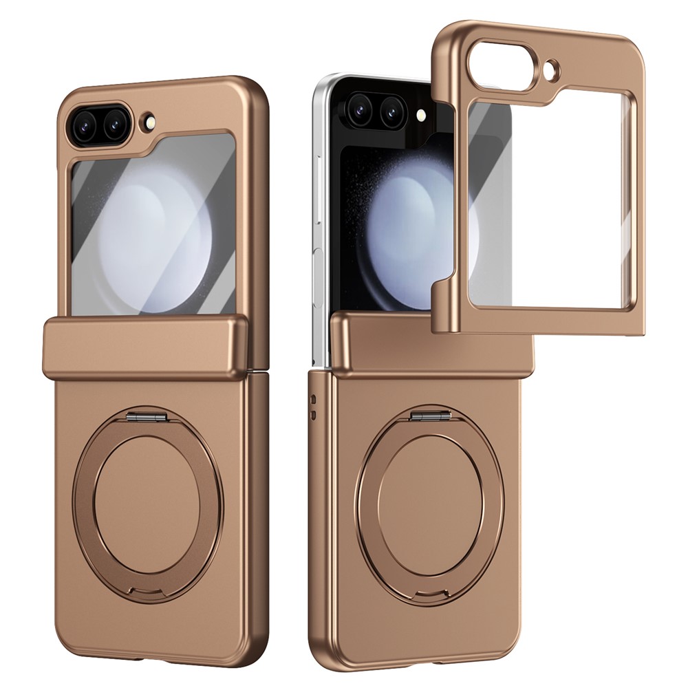 For Samsung Galaxy Z Flip5 5G Foldrable Case 360° Rotating Alloy Kickstand Hinge Protection Shockproof Cover with Glass Film - Gold