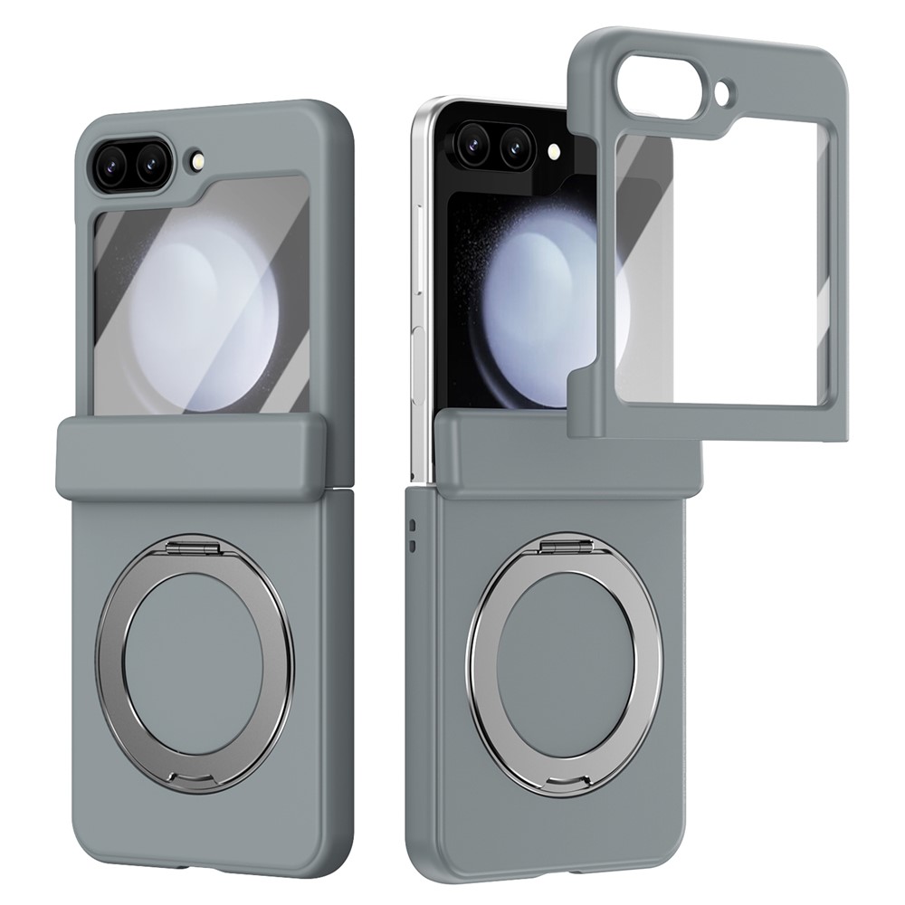 For Samsung Galaxy Z Flip5 5G Foldrable Case 360° Rotating Alloy Kickstand Hinge Protection Shockproof Cover with Glass Film - Grey