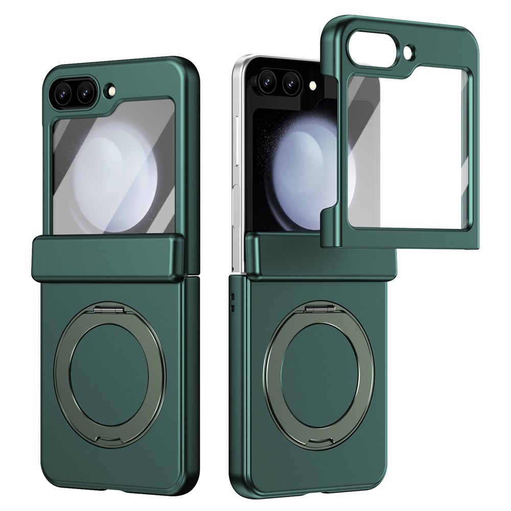For Samsung Galaxy Z Flip5 5G Foldrable Case 360° Rotating Alloy Kickstand Hinge Protection Shockproof Cover with Glass Film - Midnight Green