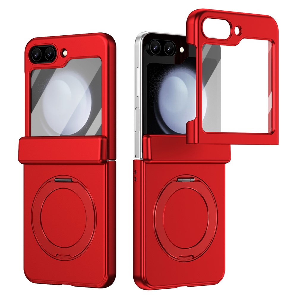 For Samsung Galaxy Z Flip5 5G Foldrable Case 360° Rotating Alloy Kickstand Hinge Protection Shockproof Cover with Glass Film - Red