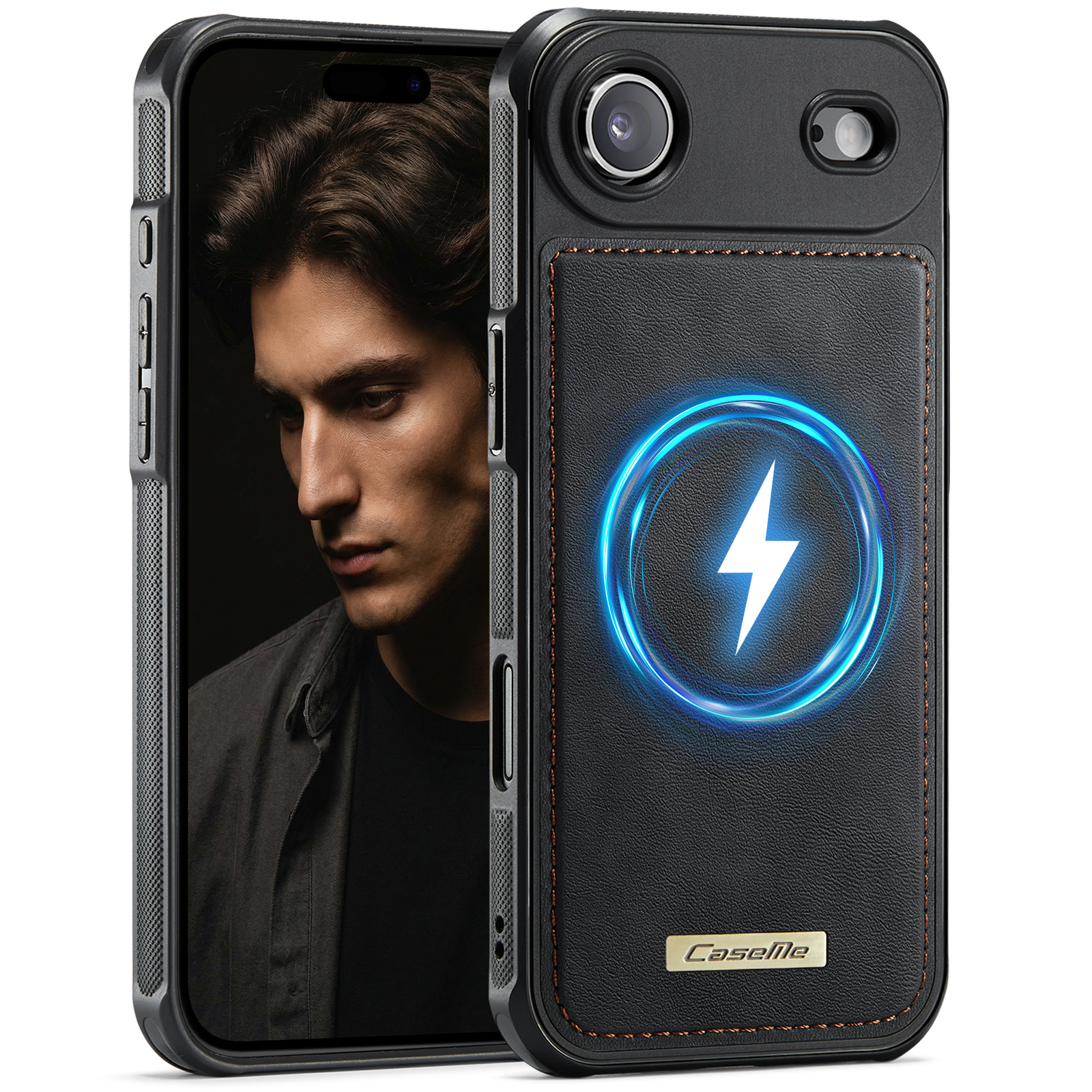 CaseMe For iPhone Air C69 Series Magnetic Case Leather Coated TPU Phone Cover - Black