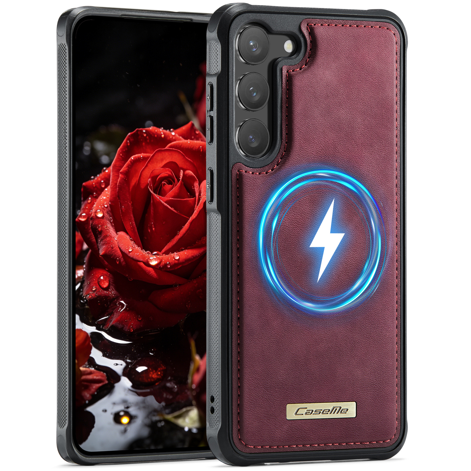 CaseMe For Samsung Galaxy S23 C69 Series Magnetic Case Leather Coated TPU Phone Cover - Red