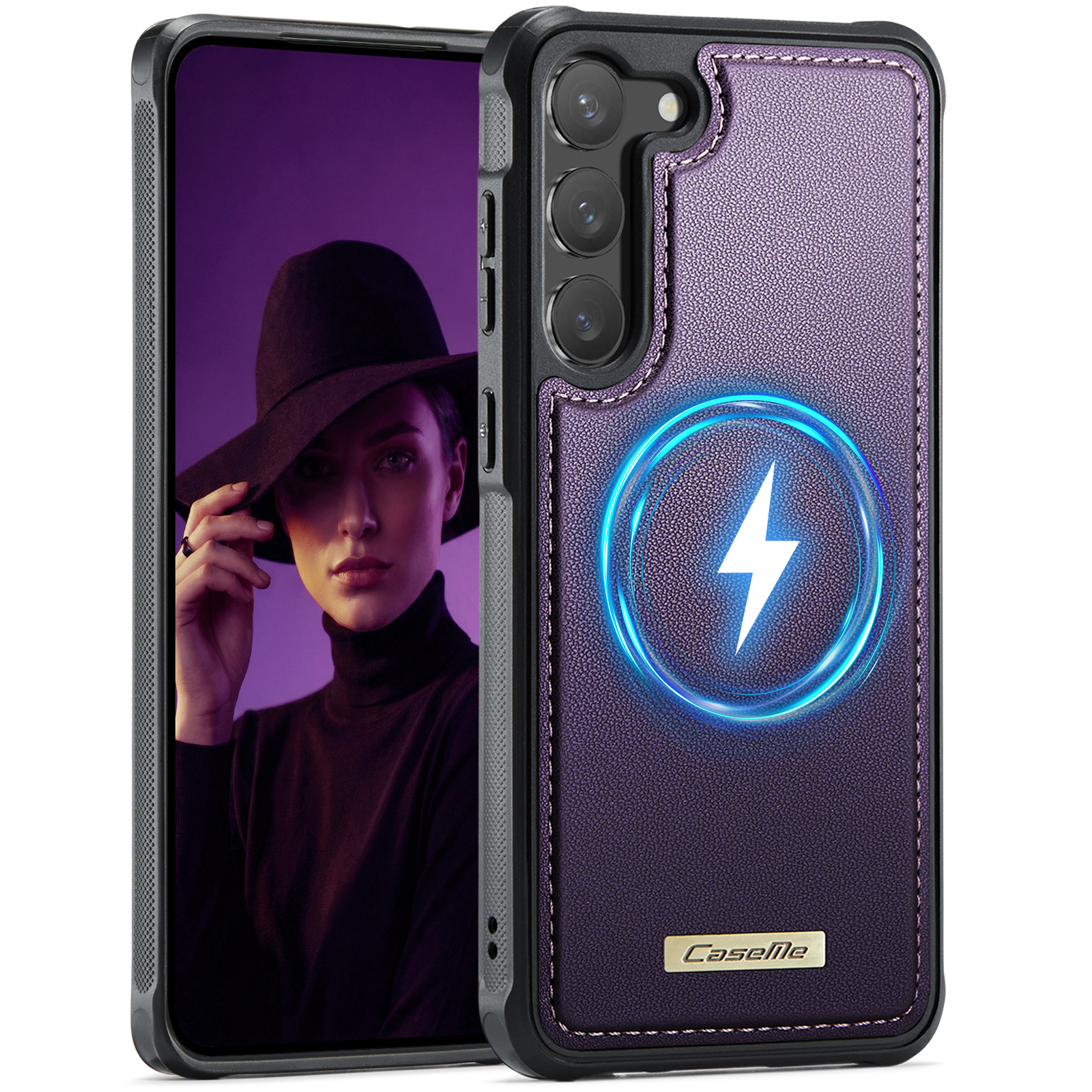CaseMe For Samsung Galaxy S23+ C69 Series Magnetic Case Leather Coated TPU Phone Cover - Purple