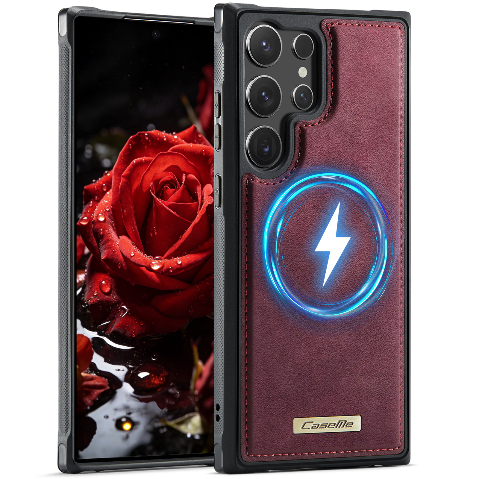 CaseMe For Samsung Galaxy S23 Ultra C69 Series Magnetic Case Leather Coated TPU Phone Cover - Red