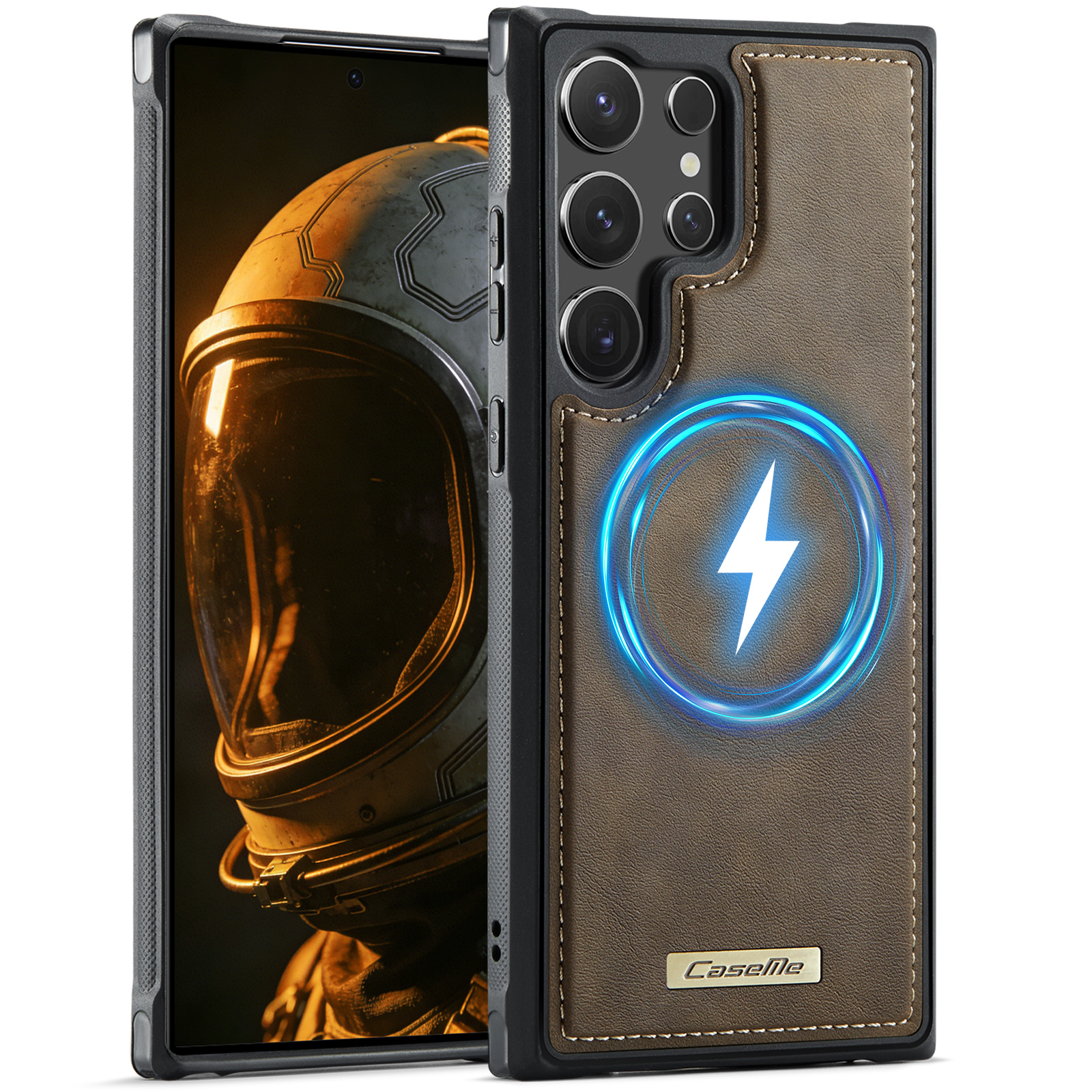 CaseMe For Samsung Galaxy S23 Ultra C69 Series Magnetic Case Leather Coated TPU Phone Cover - Coffee