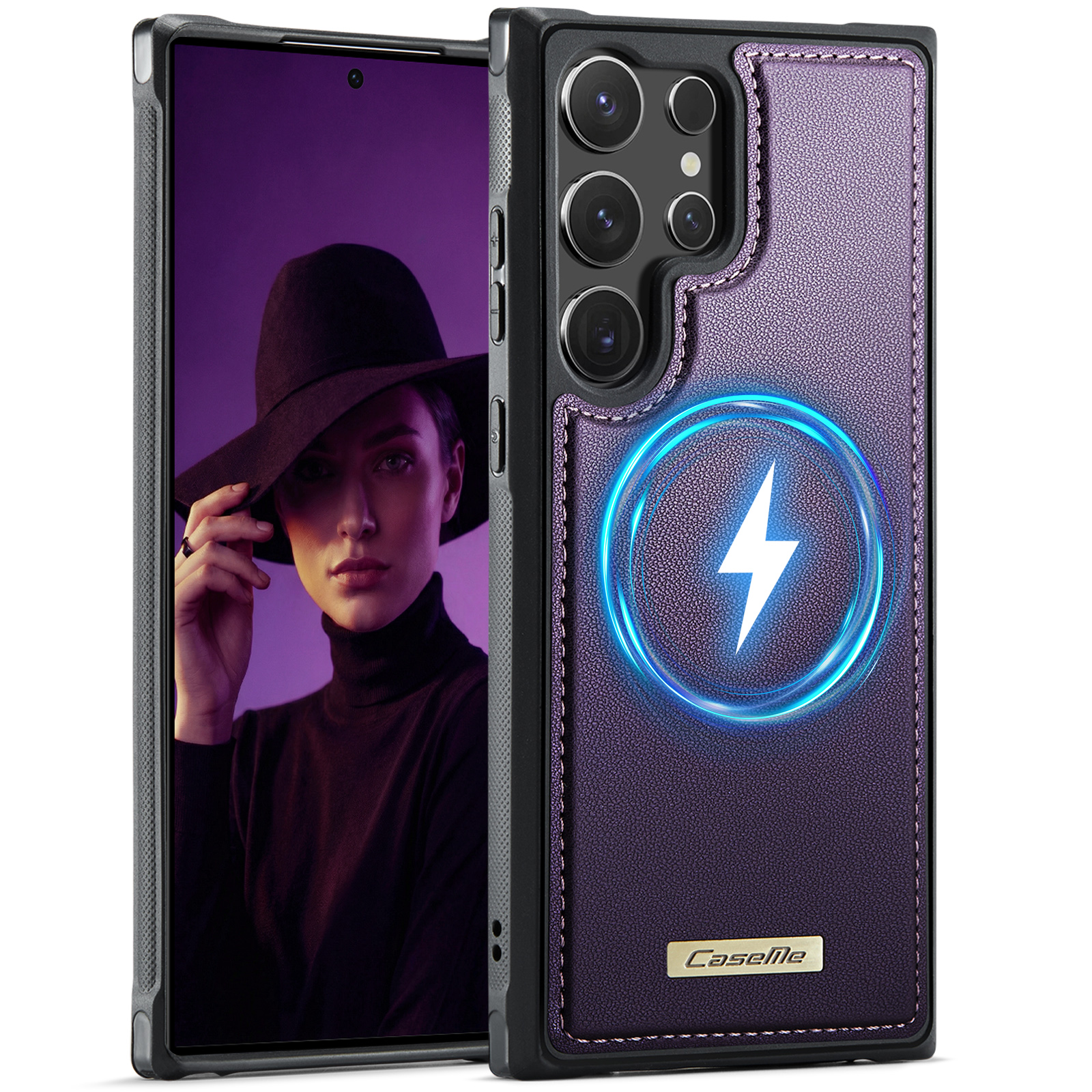 CaseMe For Samsung Galaxy S23 Ultra C69 Series Magnetic Case Leather Coated TPU Phone Cover - Purple