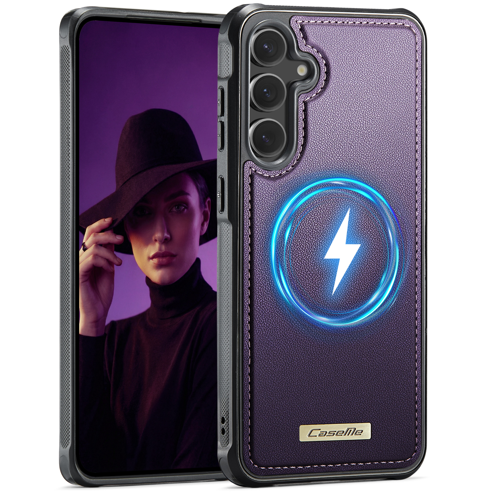 CaseMe For Samsung Galaxy S23 FE C69 Series Magnetic Case Leather Coated TPU Phone Cover - Purple