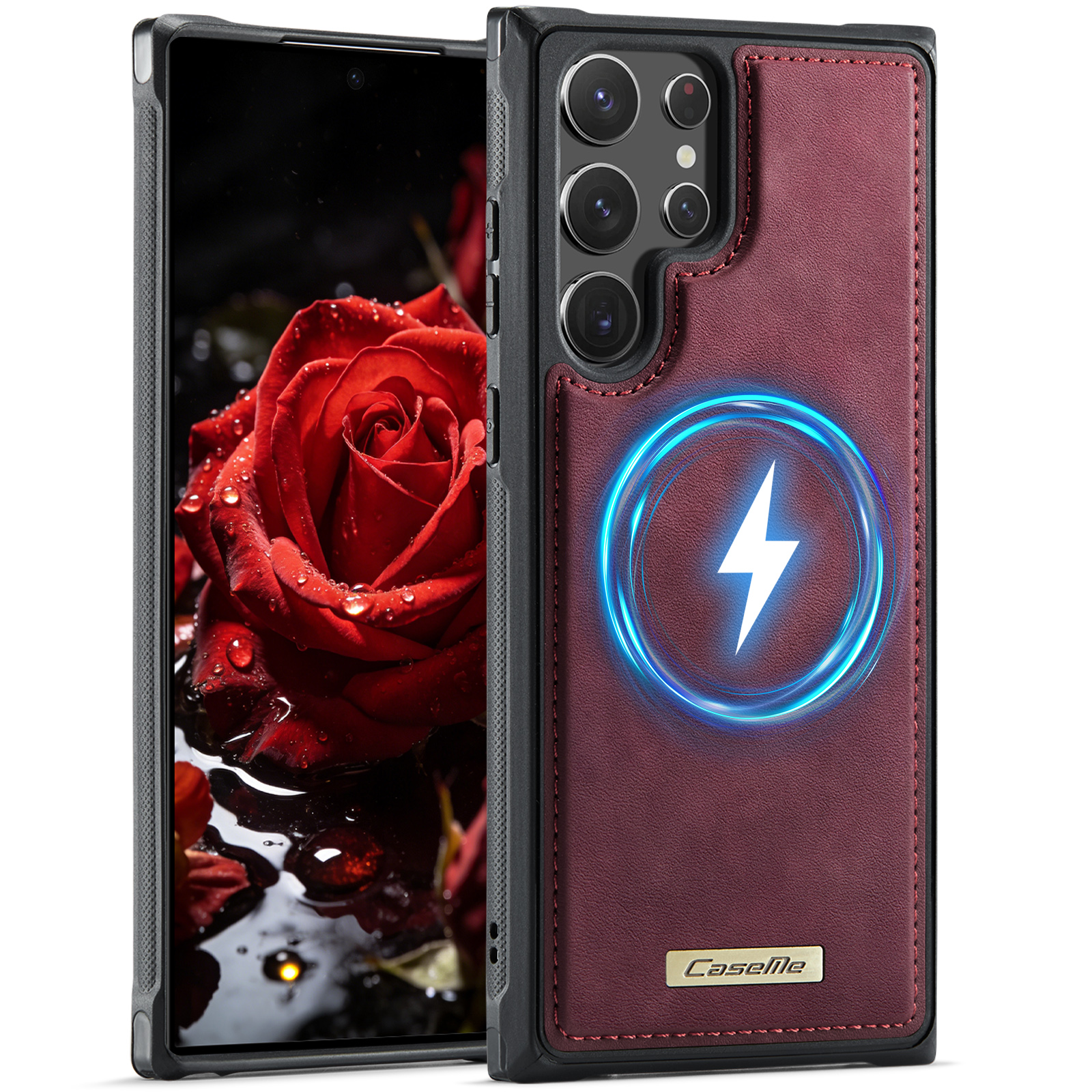 CaseMe For Samsung Galaxy S22 Ultra 5G C69 Series Magnetic Case Leather Coated TPU Phone Cover - Red