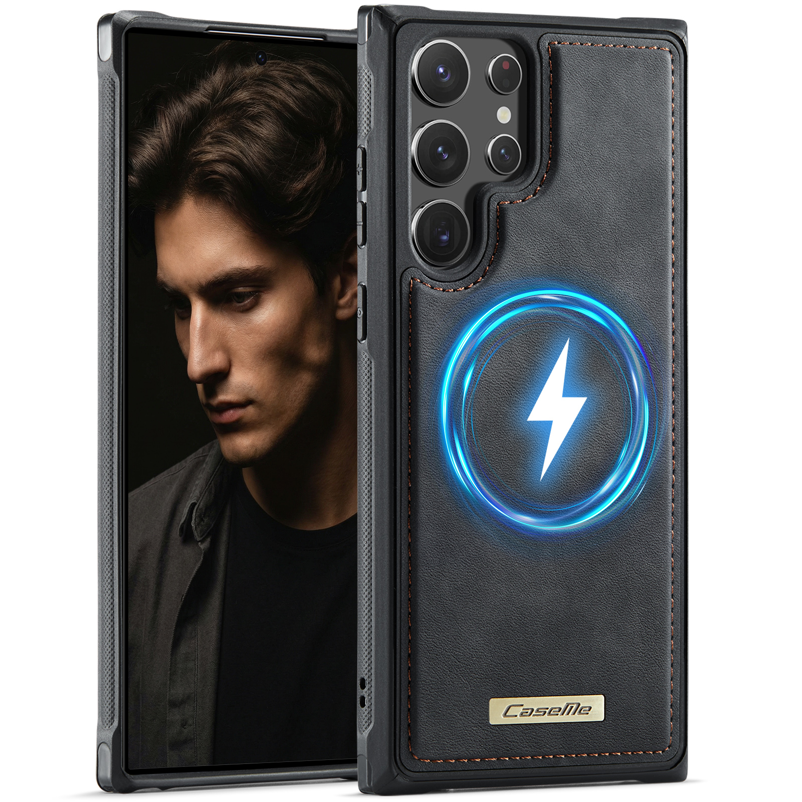 CaseMe For Samsung Galaxy S22 Ultra 5G C69 Series Magnetic Case Leather Coated TPU Phone Cover - Black