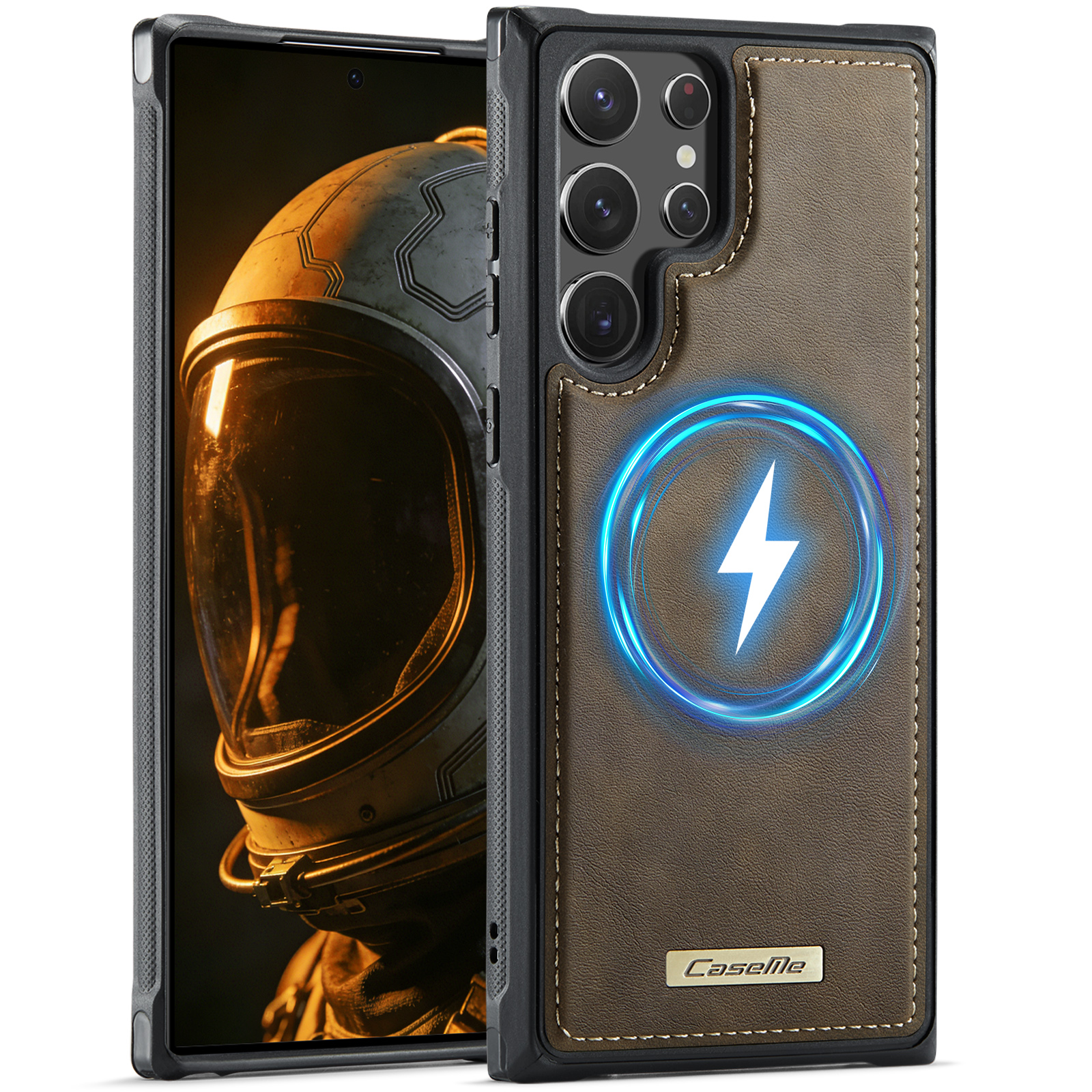 CaseMe For Samsung Galaxy S22 Ultra 5G C69 Series Magnetic Case Leather Coated TPU Phone Cover - Coffee