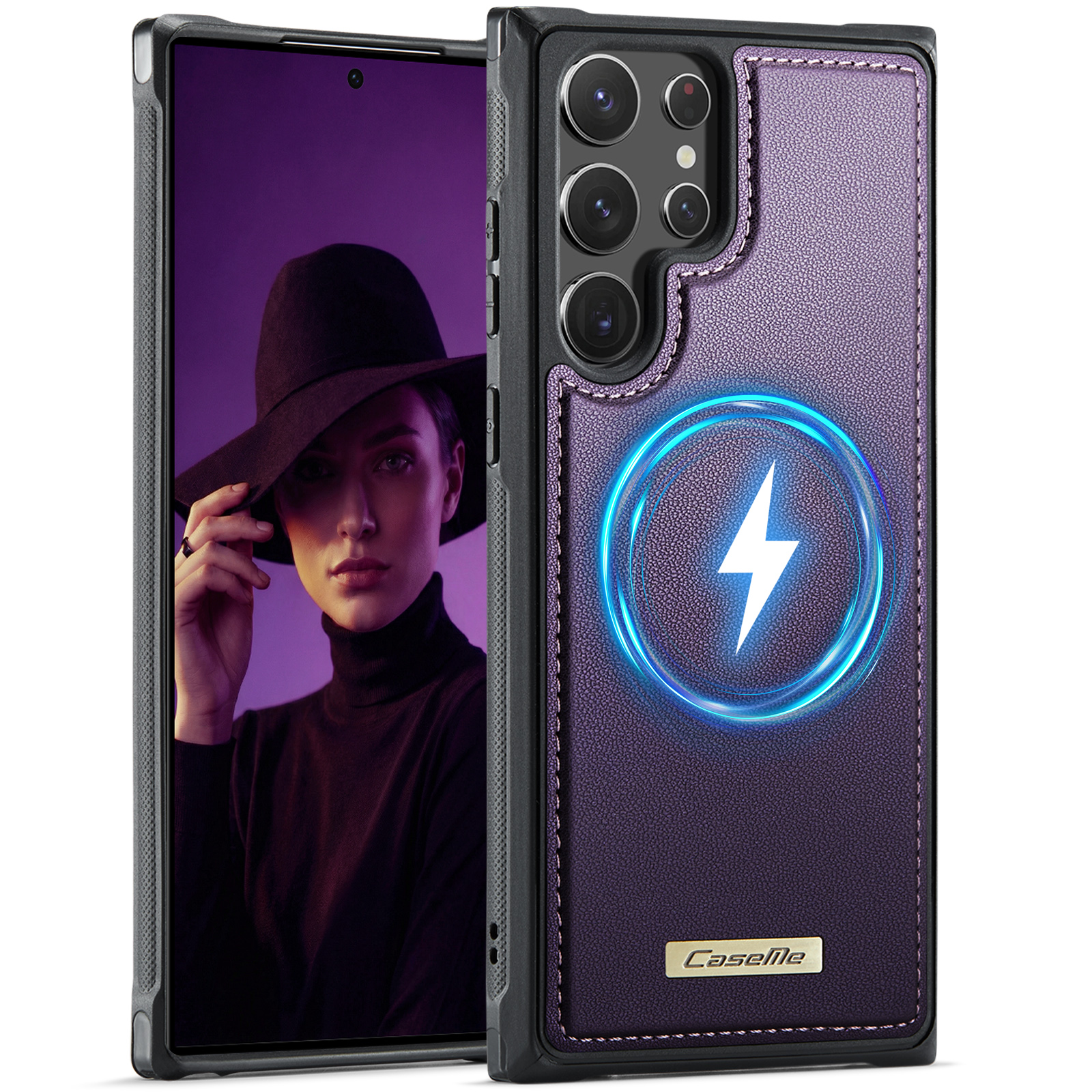 CaseMe For Samsung Galaxy S22 Ultra 5G C69 Series Magnetic Case Leather Coated TPU Phone Cover - Purple
