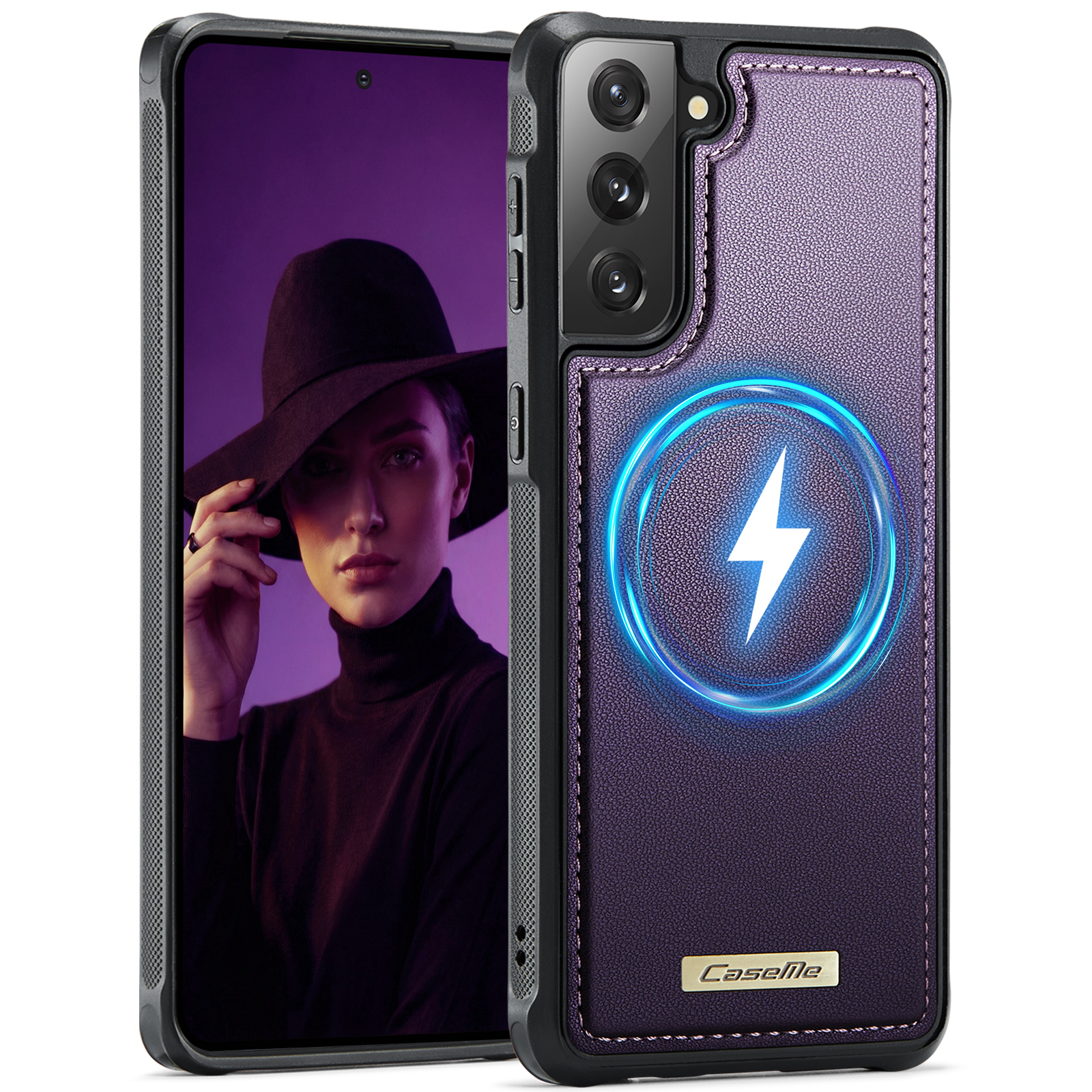 CaseMe For Samsung Galaxy S21 FE 5G C69 Series Magnetic Case Leather Coated TPU Phone Cover - Purple