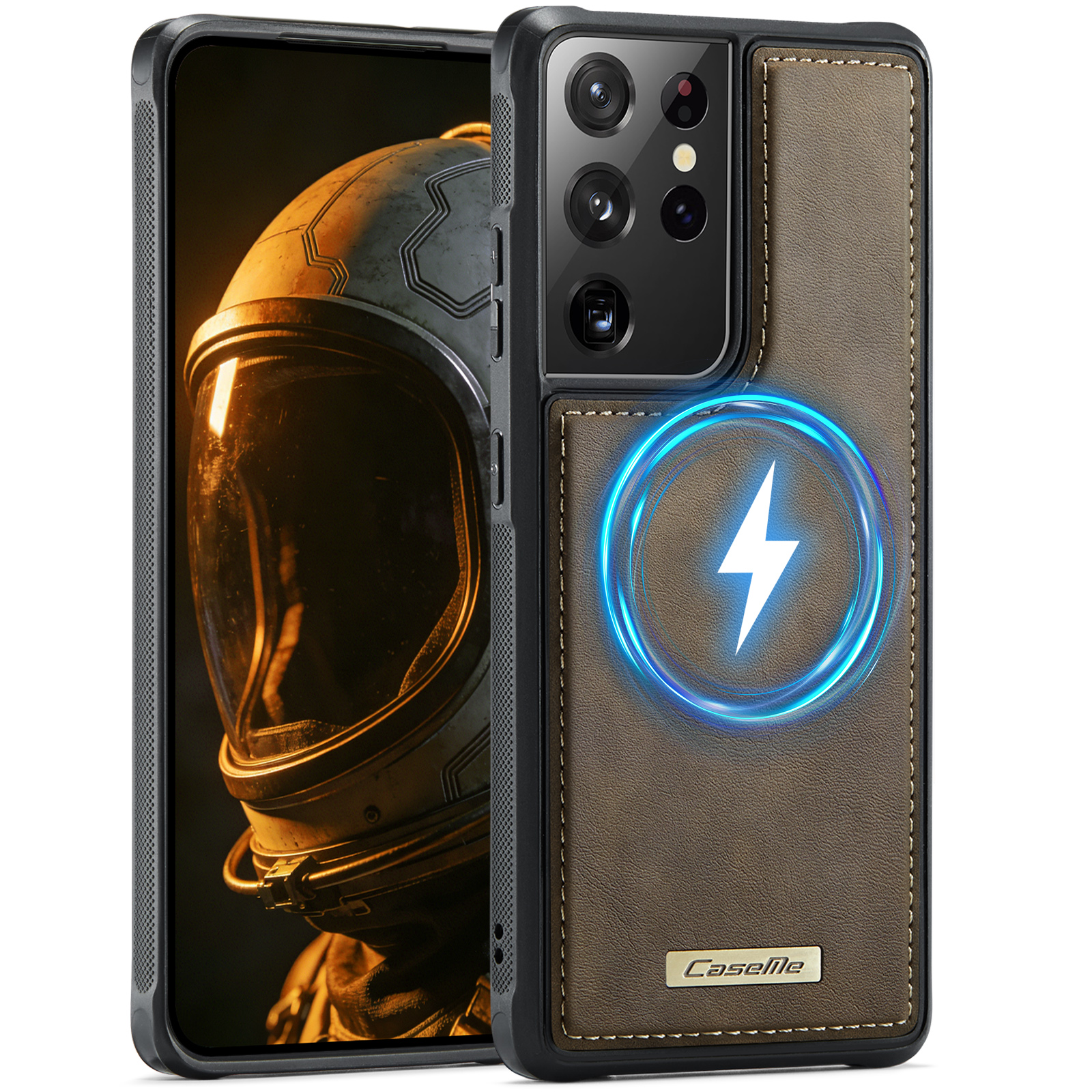 CaseMe For Samsung Galaxy S21 Ultra 5G C69 Series Magnetic Case Leather Coated TPU Phone Cover - Coffee