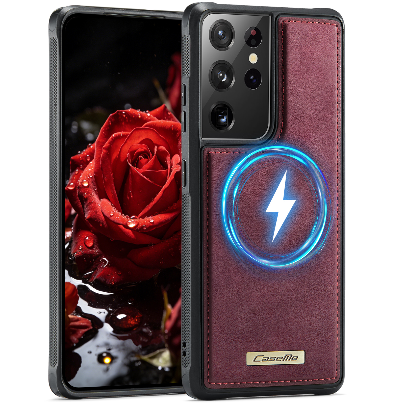 CaseMe For Samsung Galaxy S21 Ultra 5G C69 Series Magnetic Case Leather Coated TPU Phone Cover - Red
