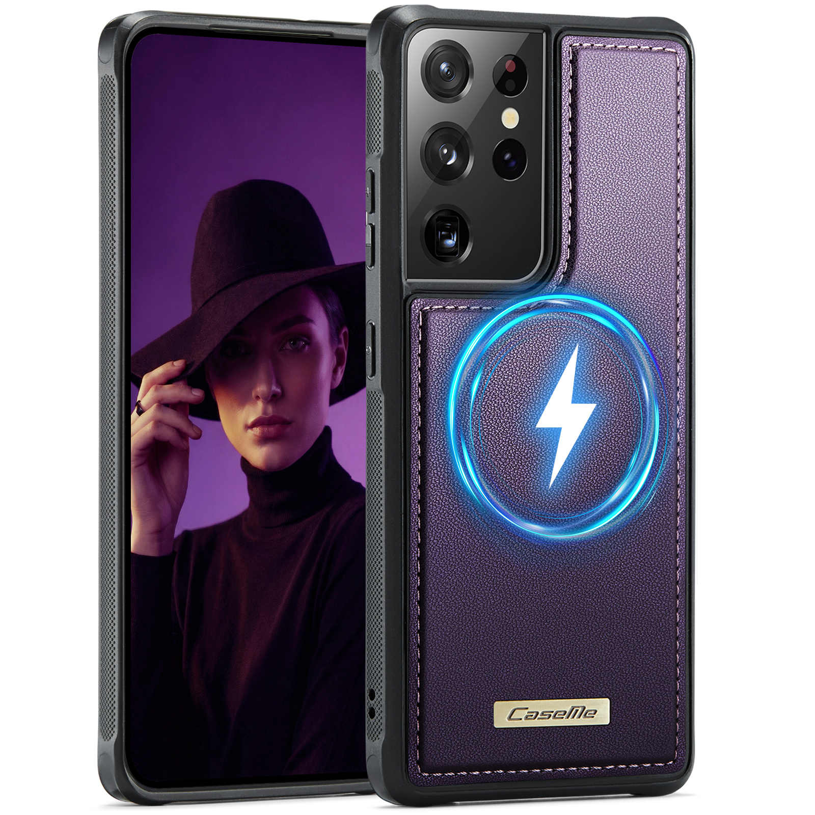 CaseMe For Samsung Galaxy S21 Ultra 5G C69 Series Magnetic Case Leather Coated TPU Phone Cover - Purple