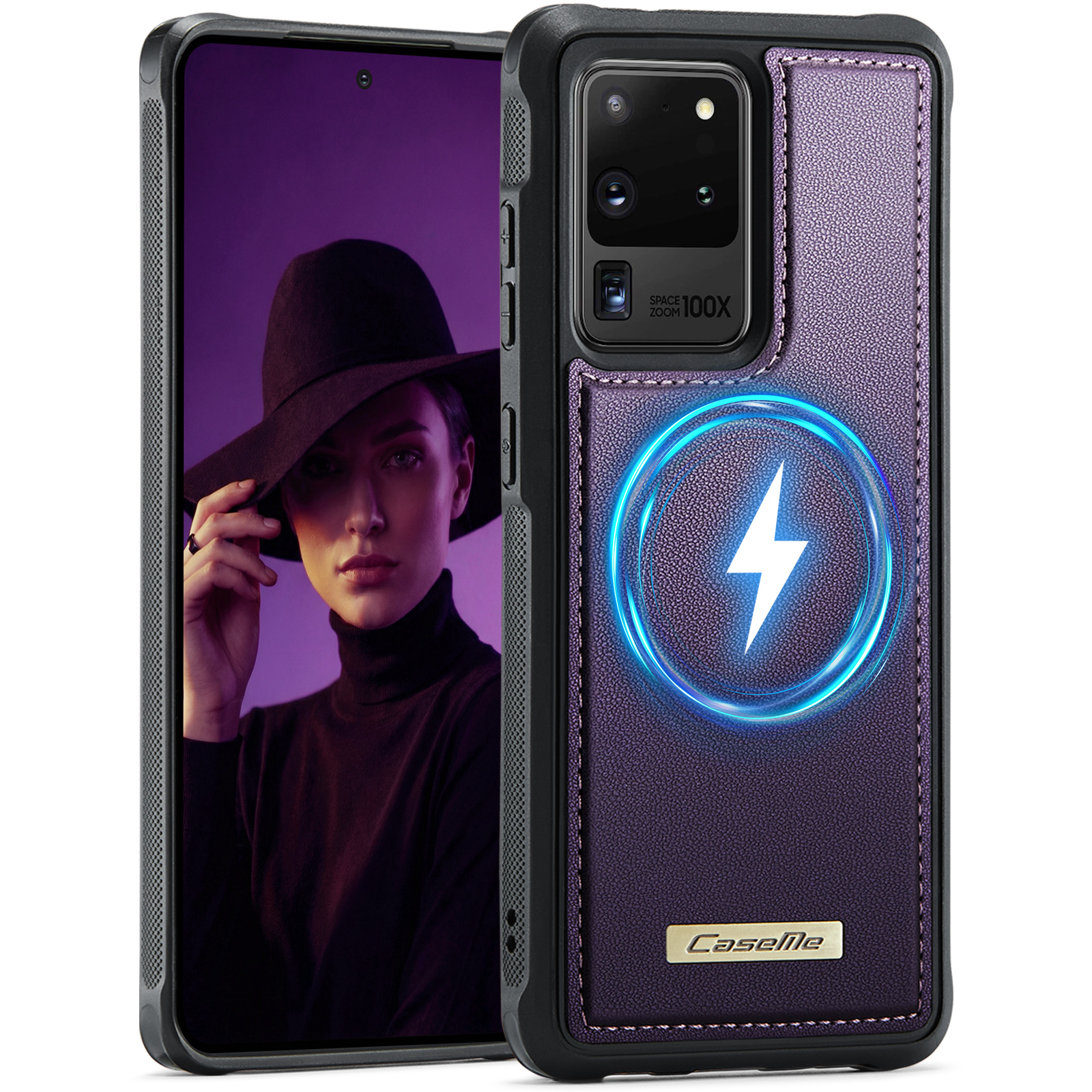 CaseMe For Samsung Galaxy S20 Ultra C69 Series Magnetic Case Leather Coated TPU Phone Cover - Purple