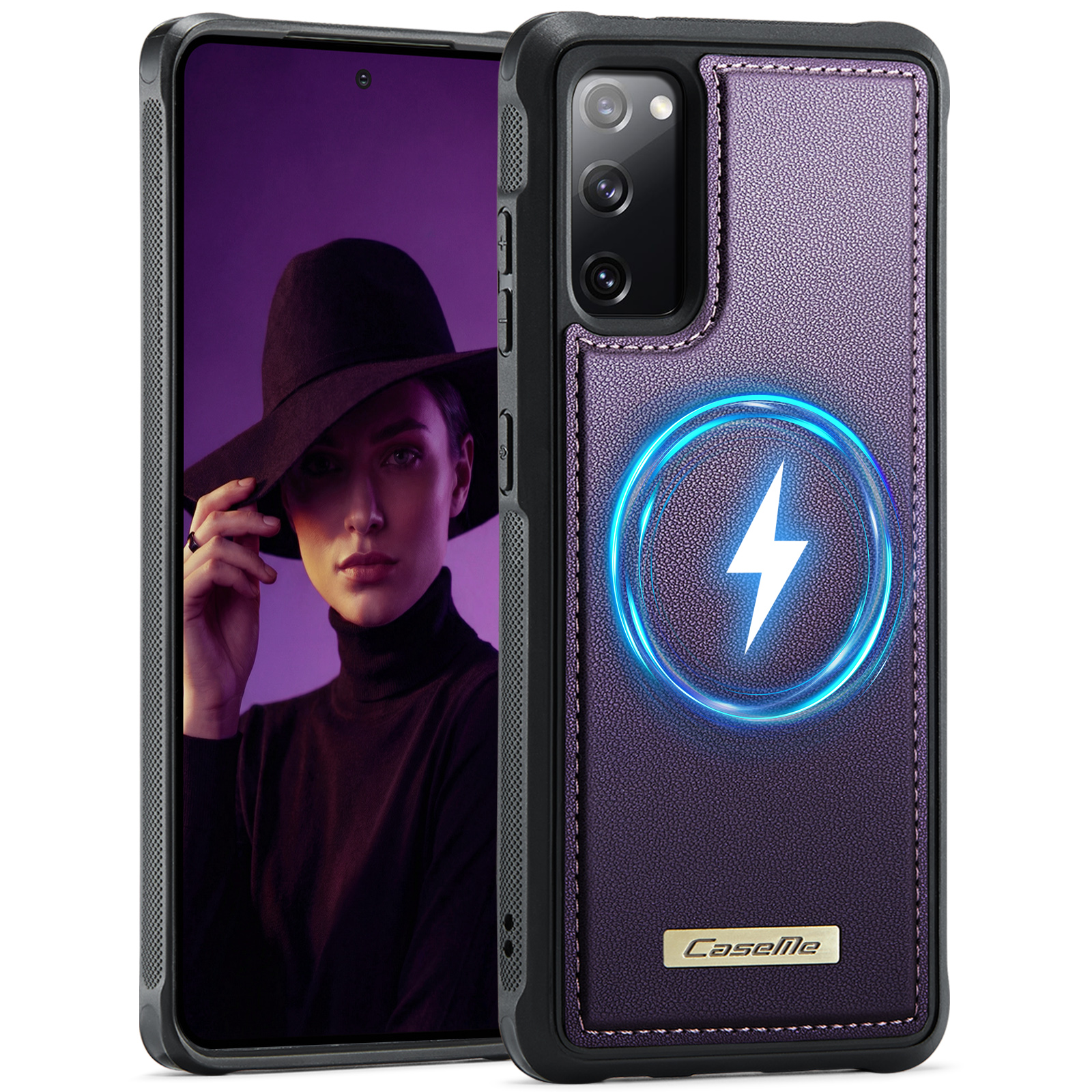 CaseMe For Samsung Galaxy S20 FE C69 Series Magnetic Case Leather Coated TPU Phone Cover - Purple