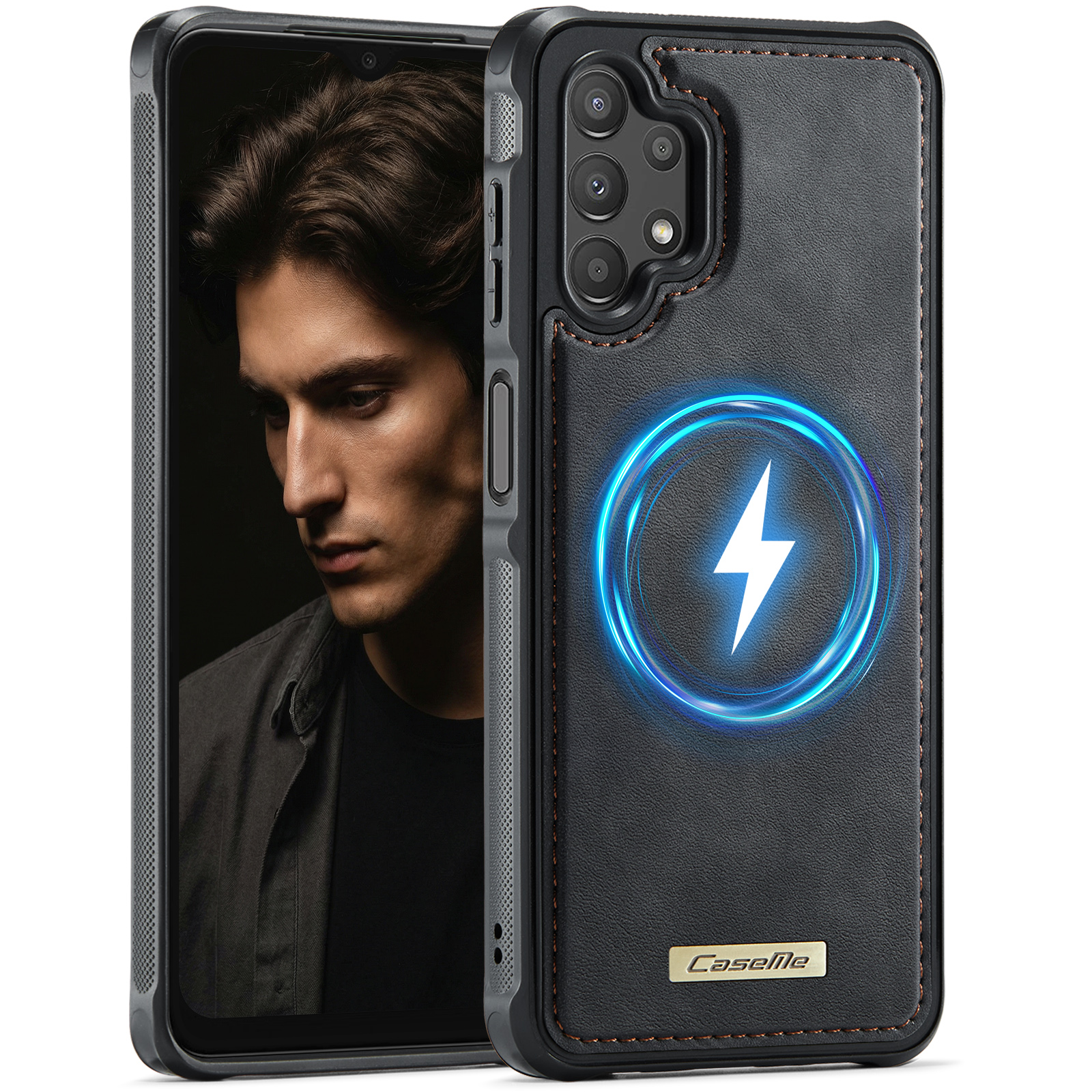 CaseMe For Samsung Galaxy A13 4G / Galaxy A04s 5G / Galaxy A13 5G C69 Series Magnetic Case Leather Coated TPU Phone Cover - Black