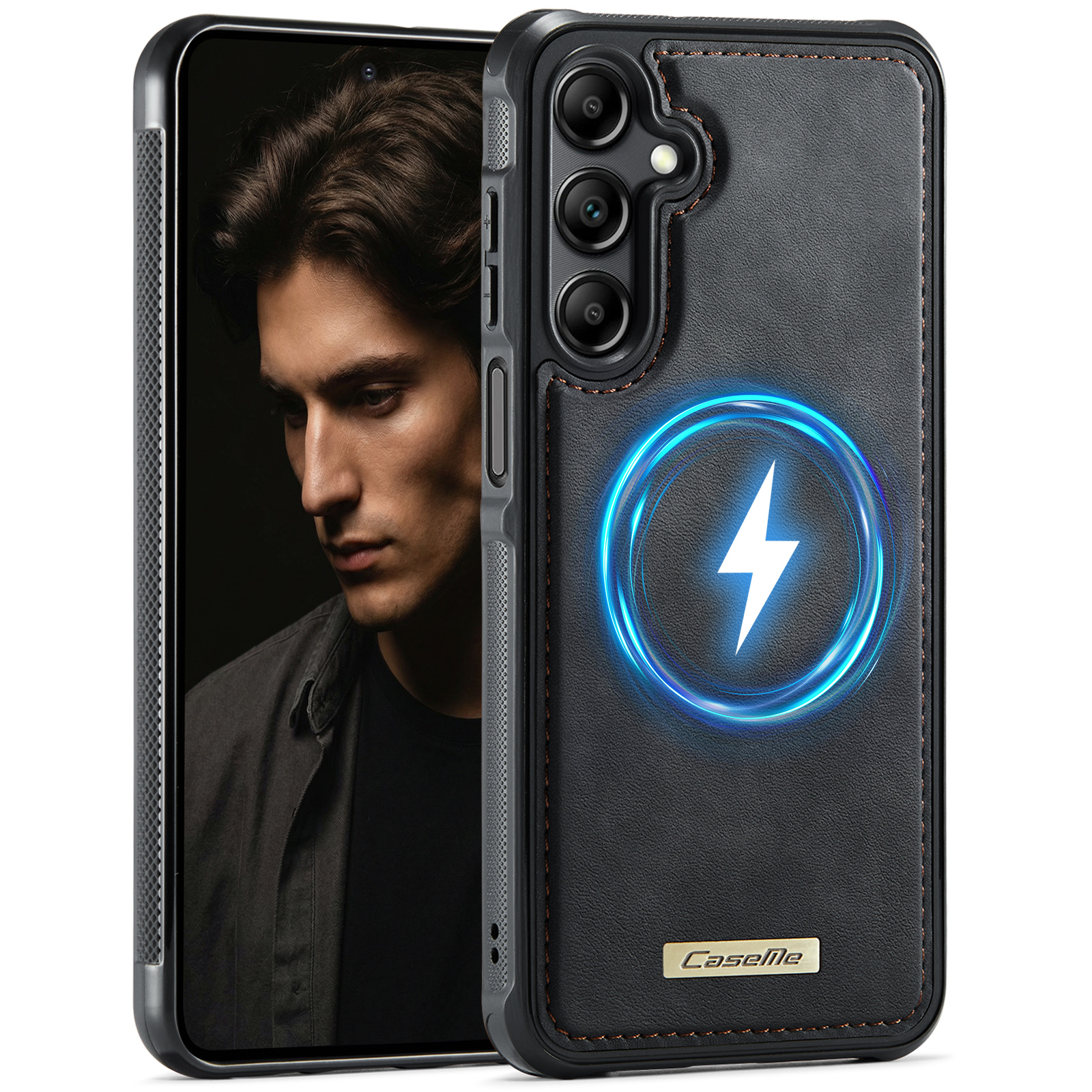 CaseMe For Samsung Galaxy M44 5G / Galaxy A14 5G C69 Series Magnetic Case Leather Coated TPU Phone Cover - Black